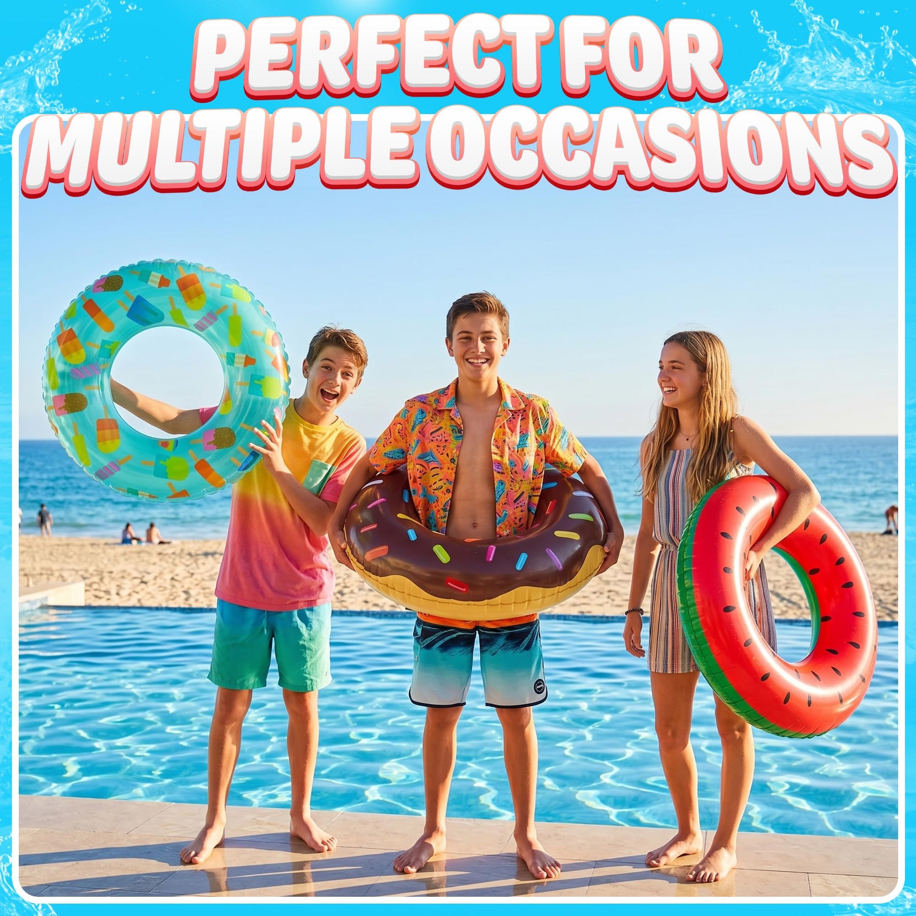 Pool Floats Kids (3 Pack) - Inflatable Pool Floaties, Inner Swim Tube Rings - Fun Designs, Swimming Raft Toys, Summer Birthday Party Decorations