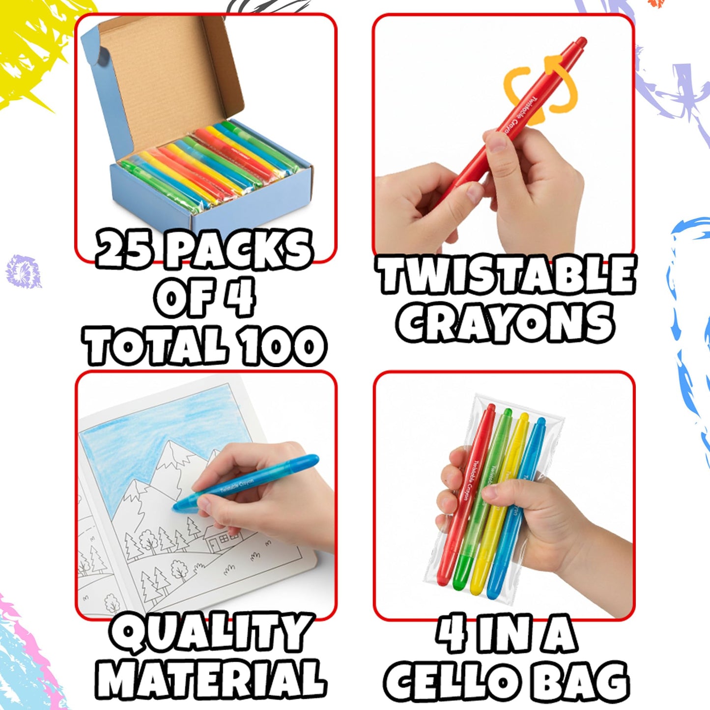 KiddieLoot Twistable Crayons Bulk 100 Pack (25 Sets of 4) - Non-Toxic, No-Sharpen Mess-Free Color Crayons for Kids, Party Favors, Restaurants, Classrooms, Birthday Goodie Bags & Travel Coloring Fun