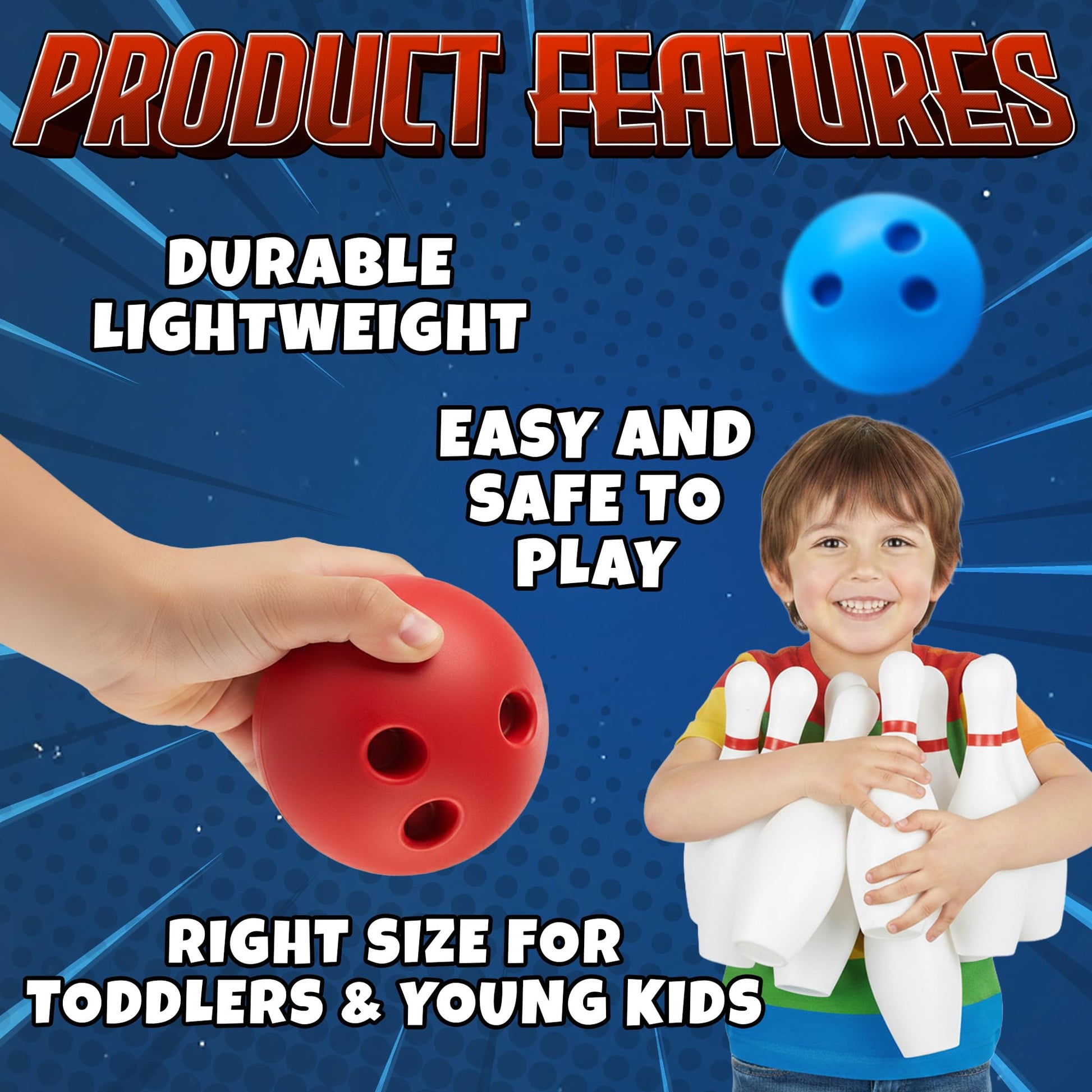 Kids Bowling Set - 10 White Plastic Pins & 2 Lightweight Bowling Balls - Family Fun Indoor & Outdoor Toddler Bowling Set Game for Boys & Girls, Educational & Active Play Toy, Birthday Gift Ages 3+