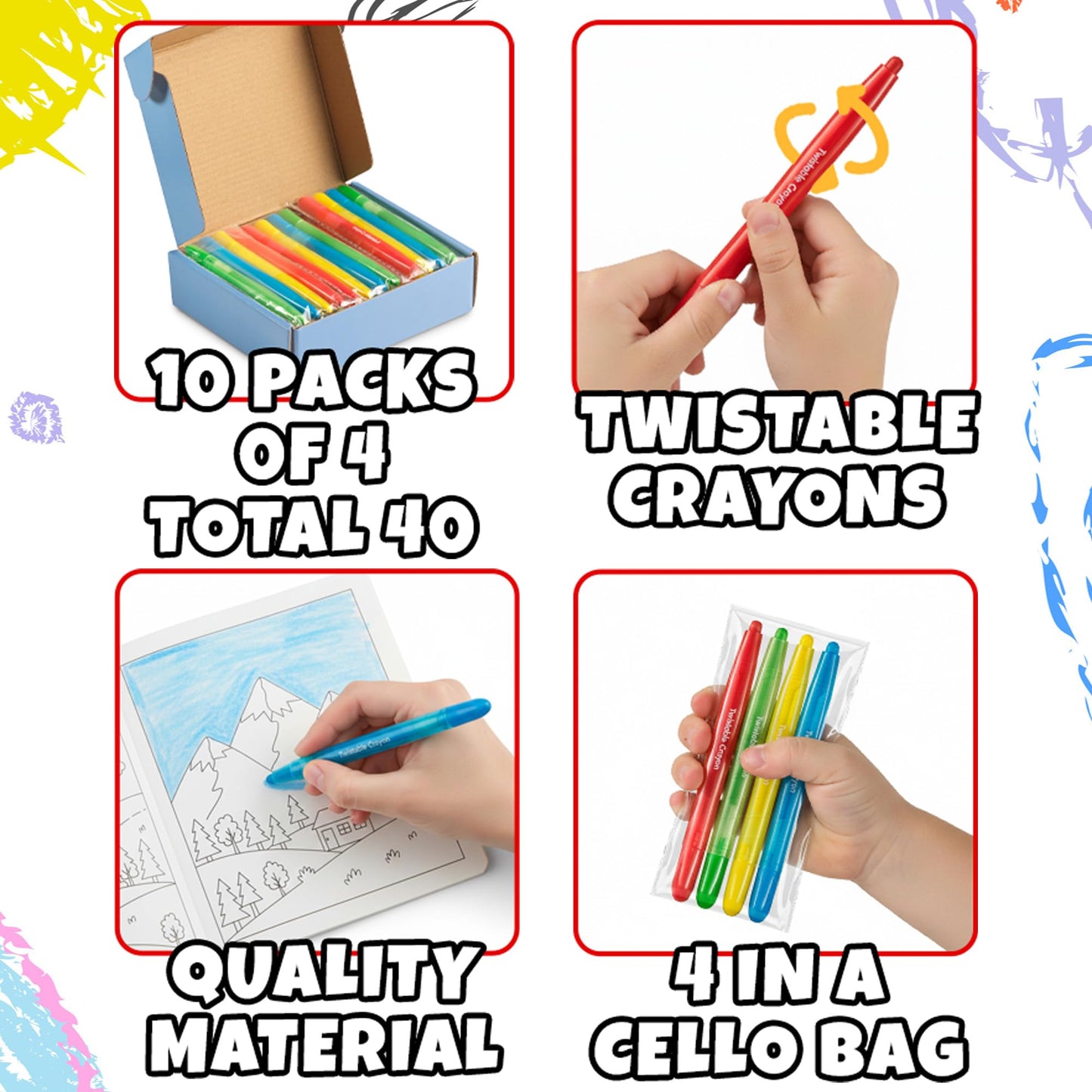 KiddieLoot Twistable Crayons Bulk 40 Pack (10 Sets of 4) - Non-Toxic, No-Sharpen Mess-Free Coloring Crayons for Kids, Birthday Party Favors, Classrooms, Goodie Bags & Travel Coloring Fun