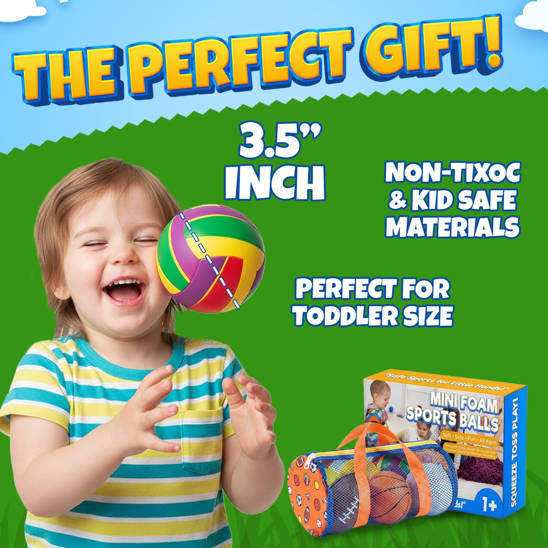 Foam Sports Balls For Toddlers 1-3, 6 Piece Soft Sports Balls with Soccer, Basketball, Football, Baseball, Tennis & Volleyball - Indoor & Outdoor Toddler Boys & Girls Ball Toys with Mesh Storage Bag