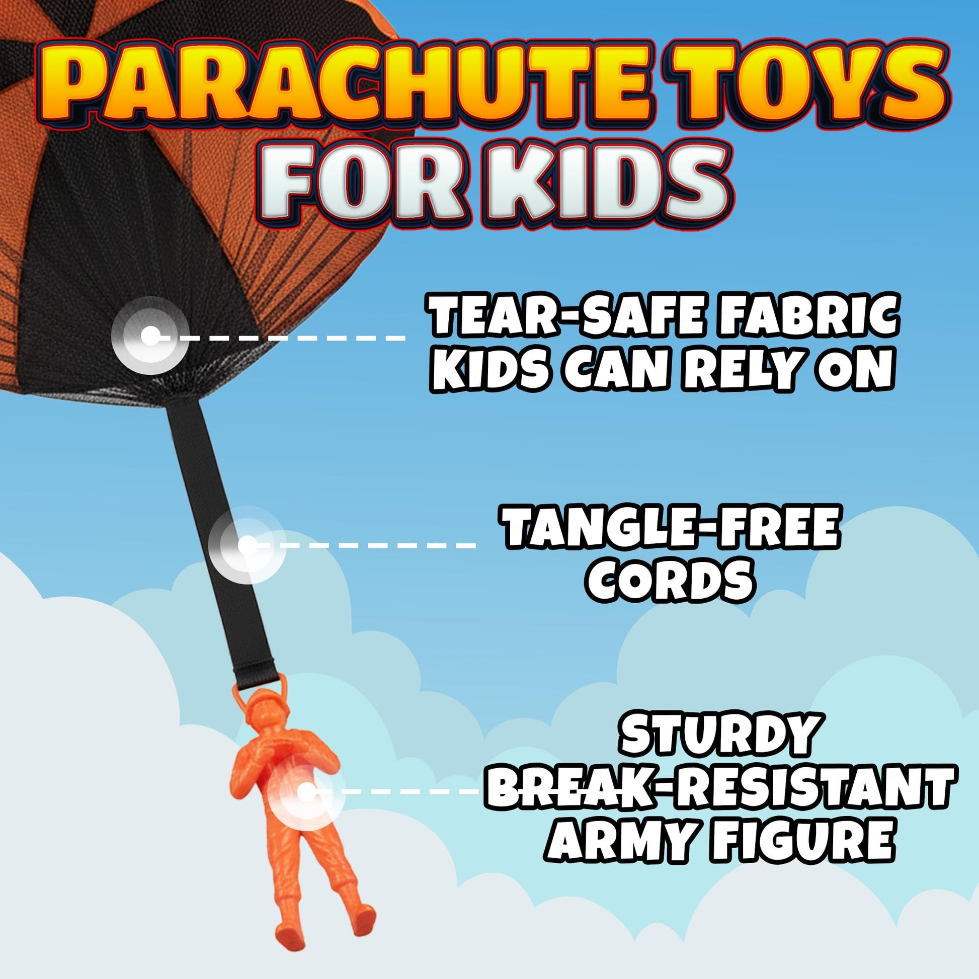 Parachute Toys for Kids - (Pack of 4) Tangle-Free Throwing Parachute Army Figures in Bright Colors - Outdoor Flying Toys for Kids Ages 4-8, Party Favors, Birthday Gifts, Boys & Girls Ages 3+