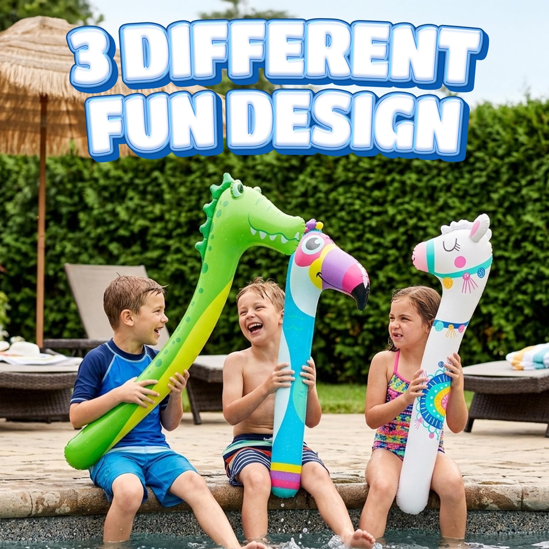 Inflatable Pool Noodles (3 Pack, 45 Inch) - Portable Blow Up Pool Floats for Kids - Cute Flamingo, Dinosaur, & Unicorn Designs - Travel Friendly Swimming Pool Noodle Toys for Lakes, Beach or Vacation