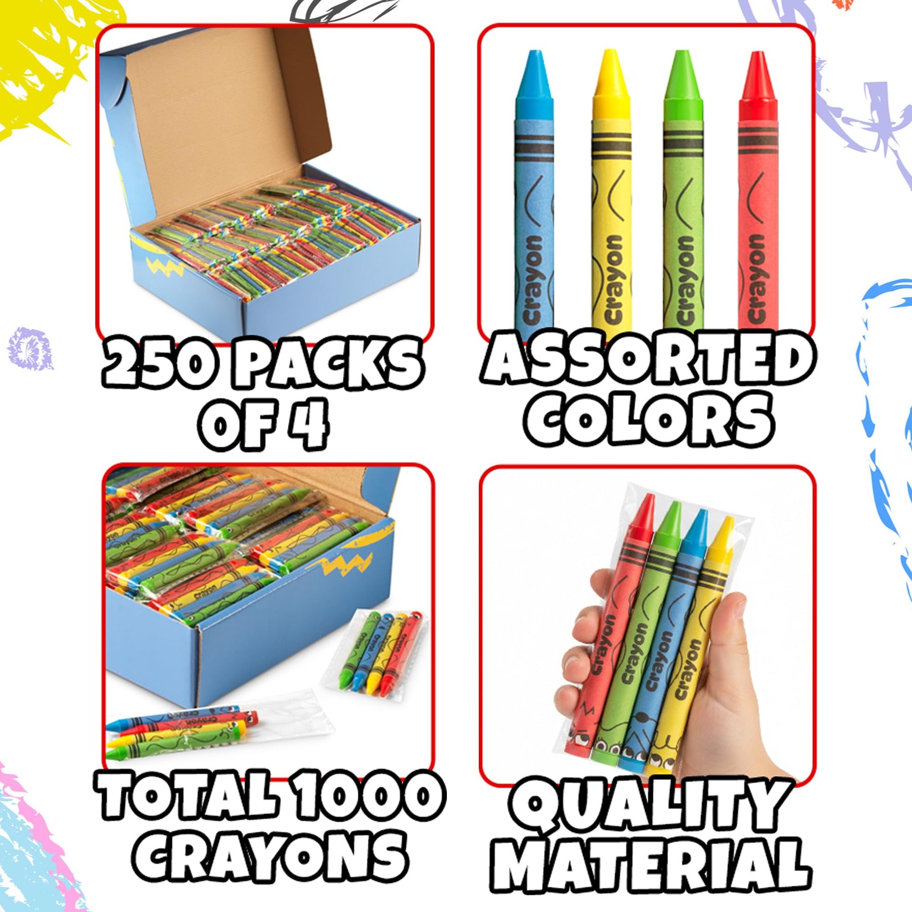 Bulk Crayons 1000 Pack (250 Sets of 4) - Individually Wrapped Crayons Party Favors for Kids, Restaurants, Classrooms, Birthday Goodie Bags, School Supplies, Travel, Toddler Coloring Fun, Non-Toxic Wax