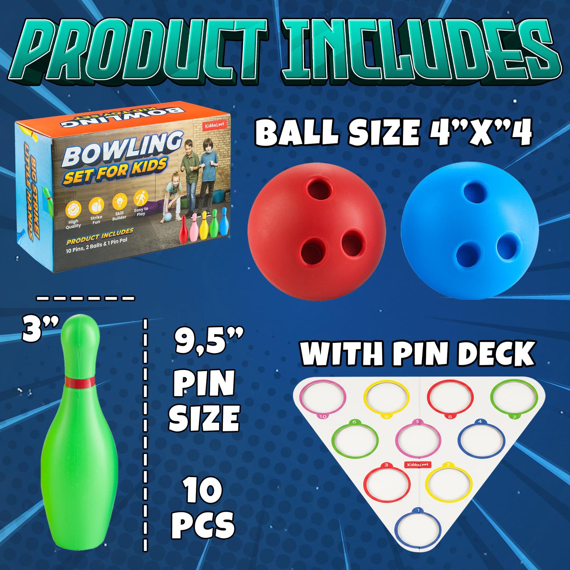 Kids Bowling Set - 10 Colorful Plastic Pins & 2 Lightweight Bowling Balls - Family Fun Indoor & Outdoor Toddler Bowling Set Game for Boys & Girls, Educational & Active Play Toy, Birthday Gift Ages 3+