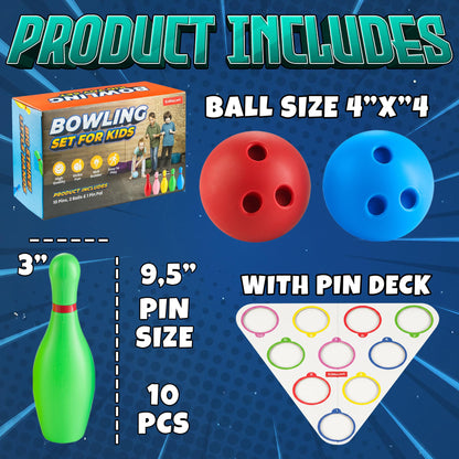 Kids Bowling Set - 10 Colorful Plastic Pins & 2 Lightweight Bowling Balls - Family Fun Indoor & Outdoor Toddler Bowling Set Game for Boys & Girls, Educational & Active Play Toy, Birthday Gift Ages 3+