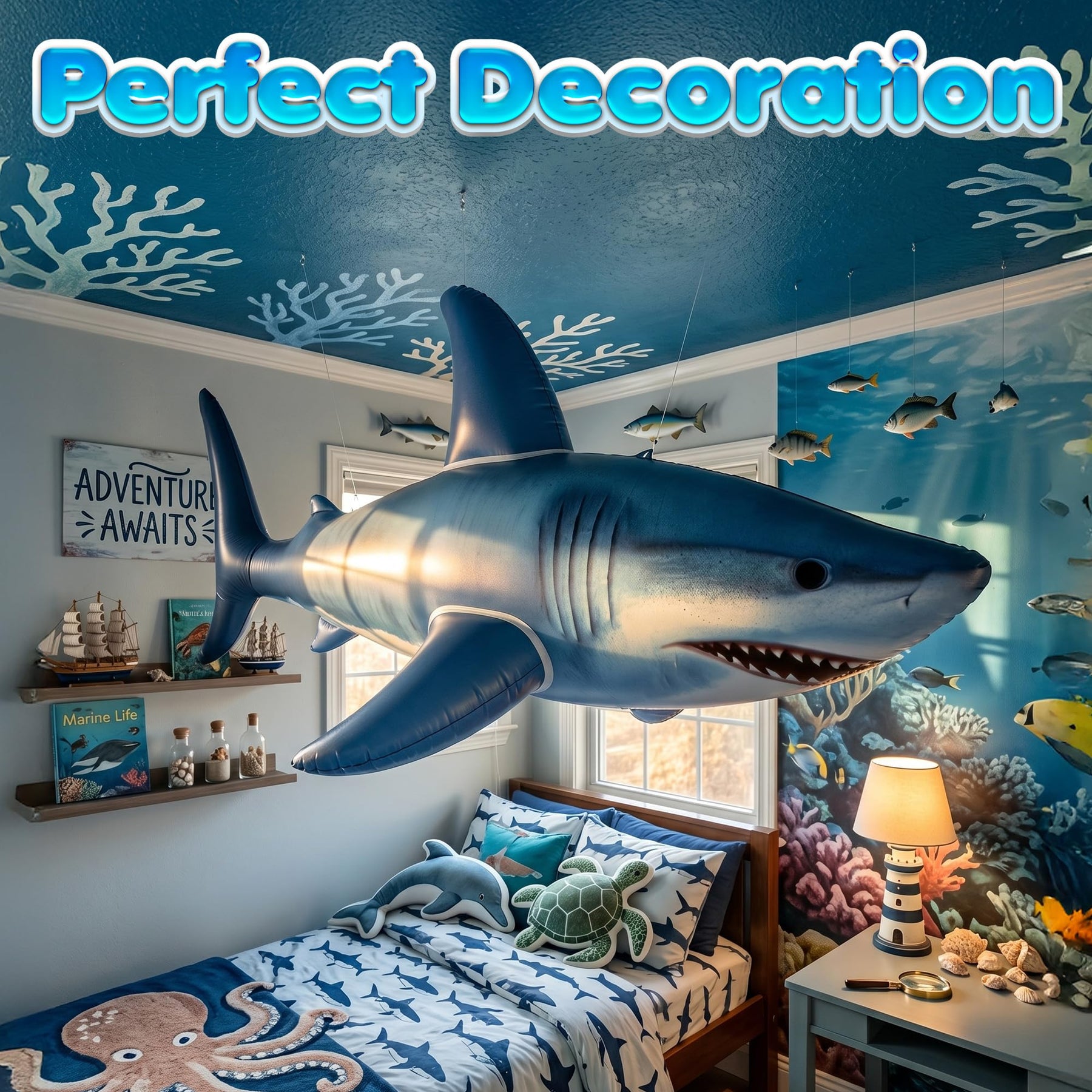 Giant Inflatable Shark Pool Float 75” - Large Blow Up Shark Toy for Kids, Teens & Adults - Realistic Fish Swimming Pool Toy, Ocean Theme Birthday Party Decorations, Beach & Backyard Summer Float