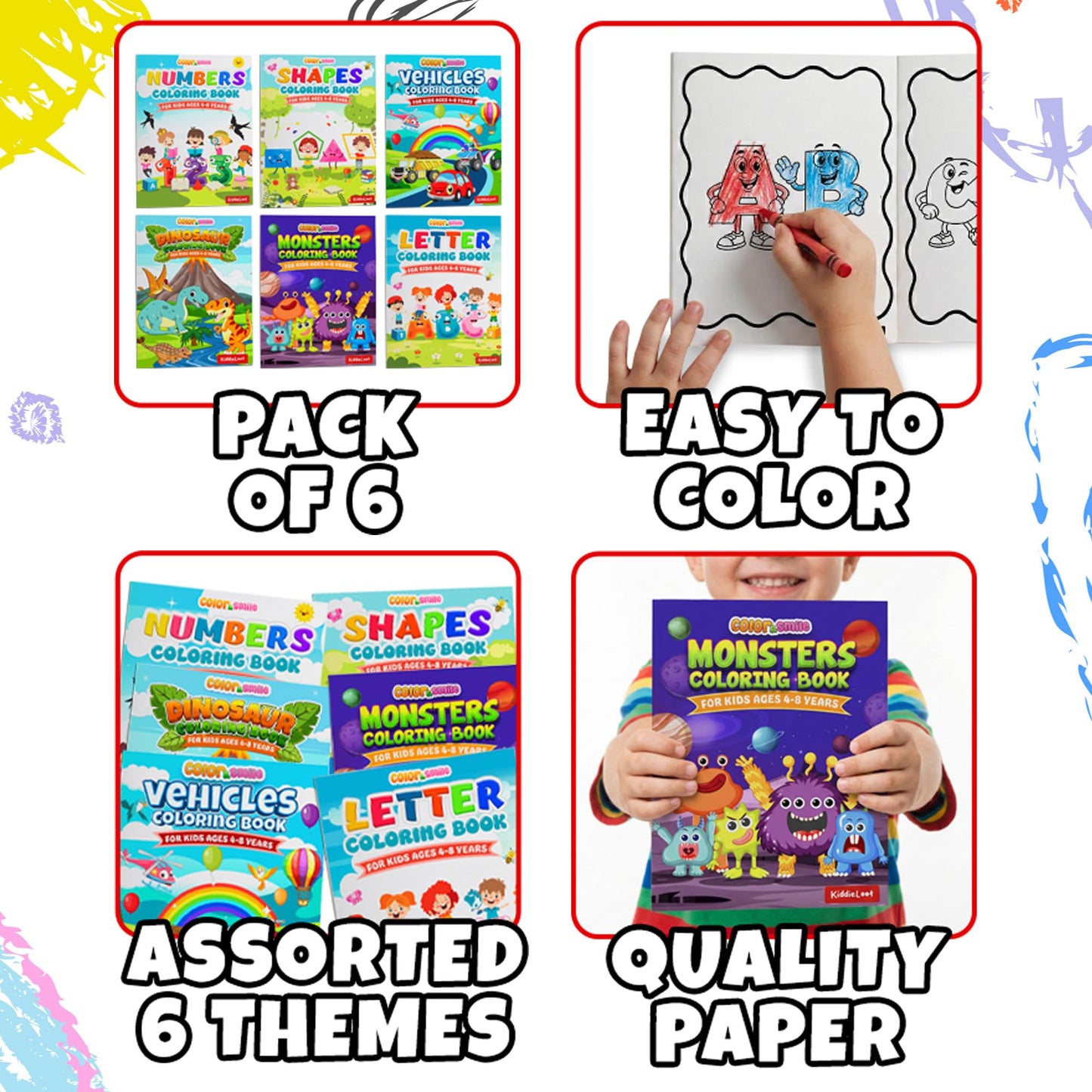 KiddieLoot Coloring Books for Kids Ages 4-8 - (Pack of 6) 8.5x11 Size Book w/Dinosaurs, Monsters, Vehicles, Alphabet, Numbers & Shapes - Kids Coloring Books Variety Set for Boys & Girls Color Gift