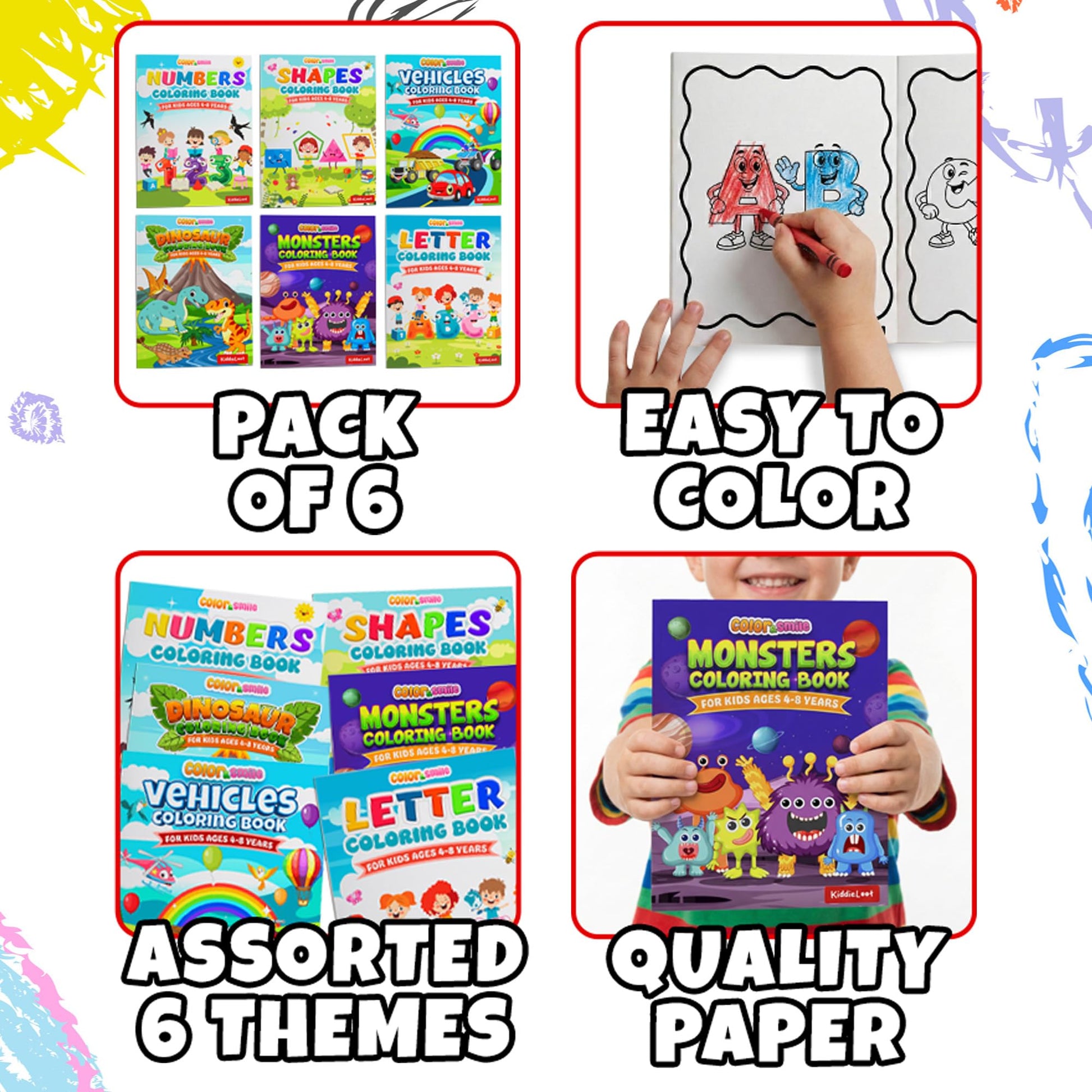 KiddieLoot Coloring Books for Kids Ages 4-8 - (Pack of 6) 8.5x11 Size Book w/Dinosaurs, Monsters, Vehicles, Alphabet, Numbers & Shapes - Kids Coloring Books Variety Set for Boys & Girls Color Gift