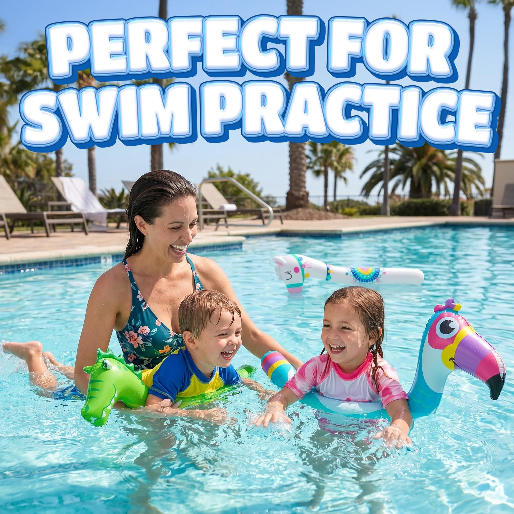 Inflatable Pool Noodles (3 Pack, 45 Inch) - Portable Blow Up Pool Floats for Kids - Cute Flamingo, Dinosaur, & Unicorn Designs - Travel Friendly Swimming Pool Noodle Toys for Lakes, Beach or Vacation