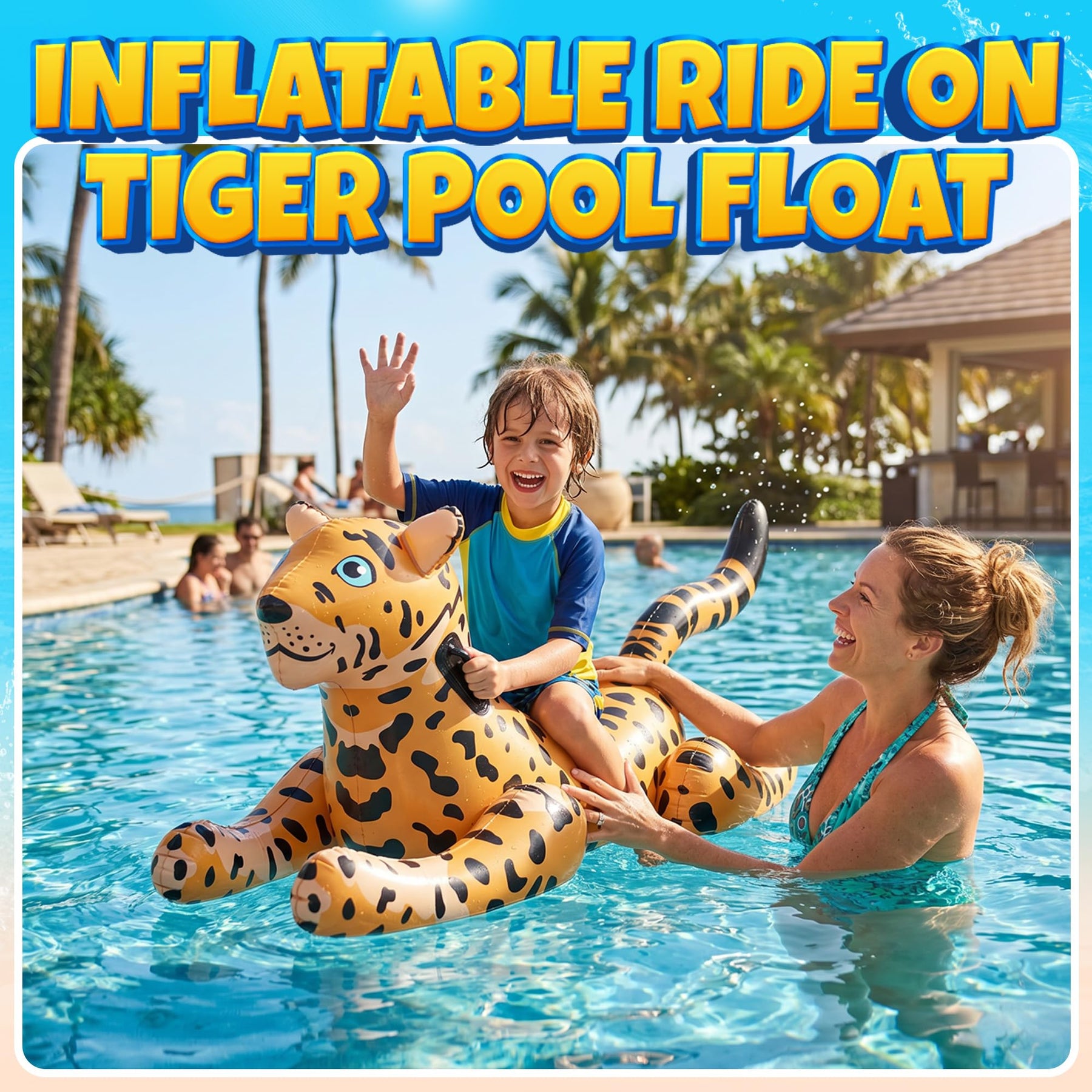 Inflatable Leopard Pool Float Ride-On with Handles - Kids Animal Blow-Up Pool Float Toy for Swimming Pool or Beach, Large Size Summer Water Floatie and Fun Raft Party Decoration