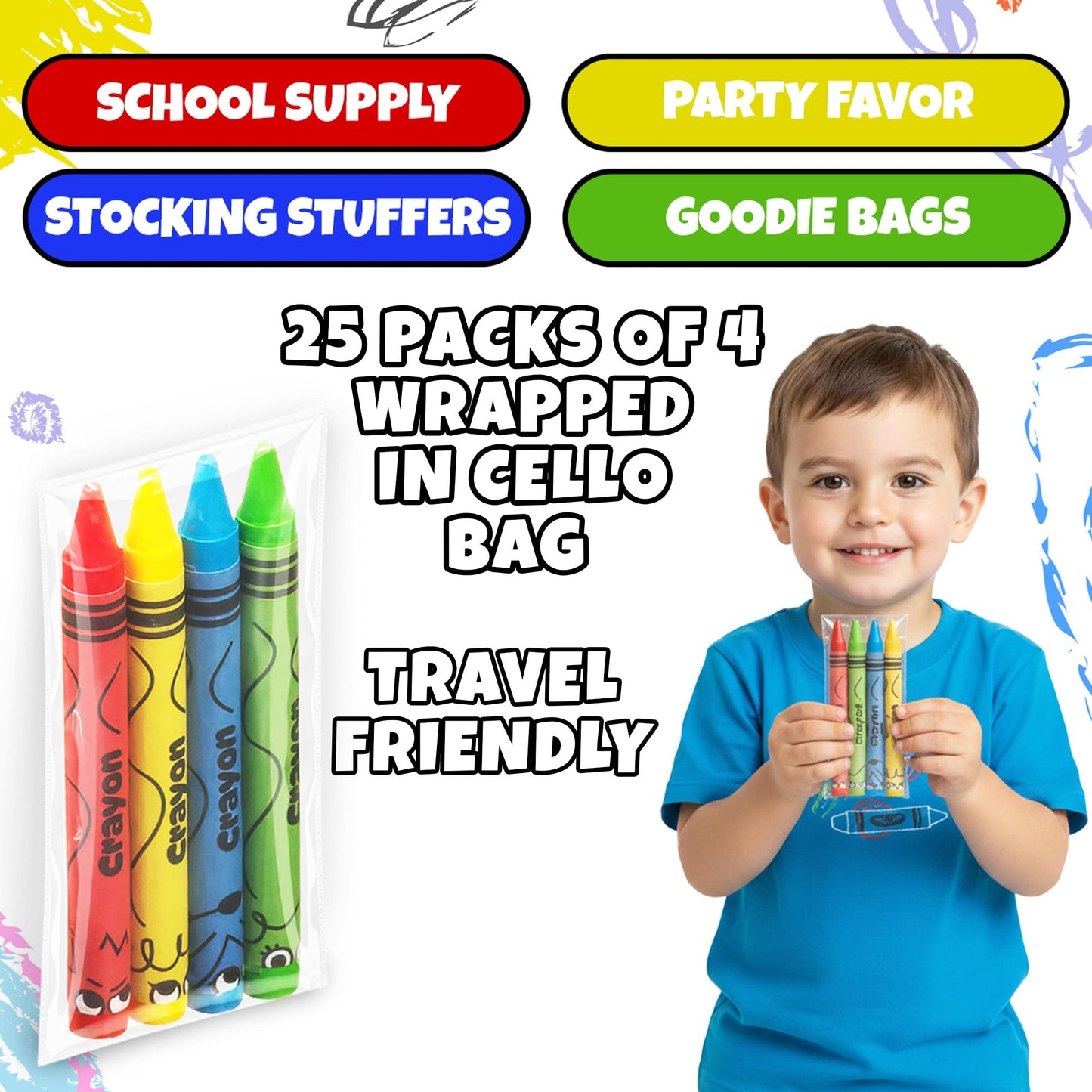 Bulk Crayons 100 Pack (25 Sets of 4) - Individually Wrapped Crayons Party Favors for Kids, Restaurants, Classrooms, Birthday Goodie Bags, School Supplies, Travel, Toddler Coloring Fun, Non-Toxic Wax