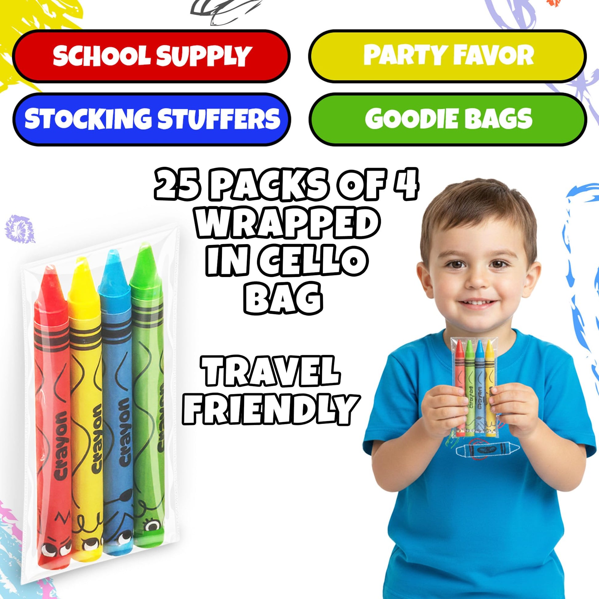 Bulk Crayons 100 Pack (25 Sets of 4) - Individually Wrapped Crayons Party Favors for Kids, Restaurants, Classrooms, Birthday Goodie Bags, School Supplies, Travel, Toddler Coloring Fun, Non-Toxic Wax