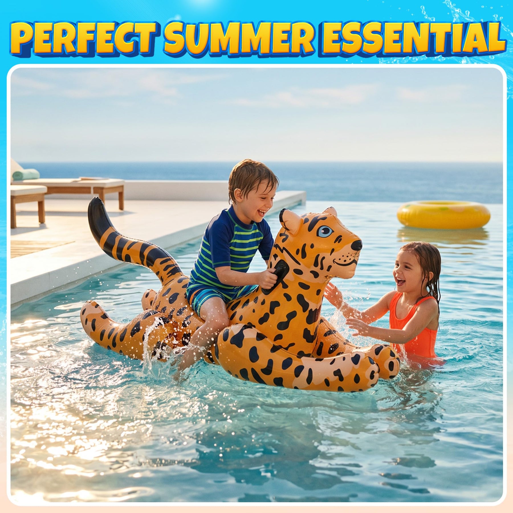Inflatable Leopard Pool Float Ride-On with Handles - Kids Animal Blow-Up Pool Float Toy for Swimming Pool or Beach, Large Size Summer Water Floatie and Fun Raft Party Decoration