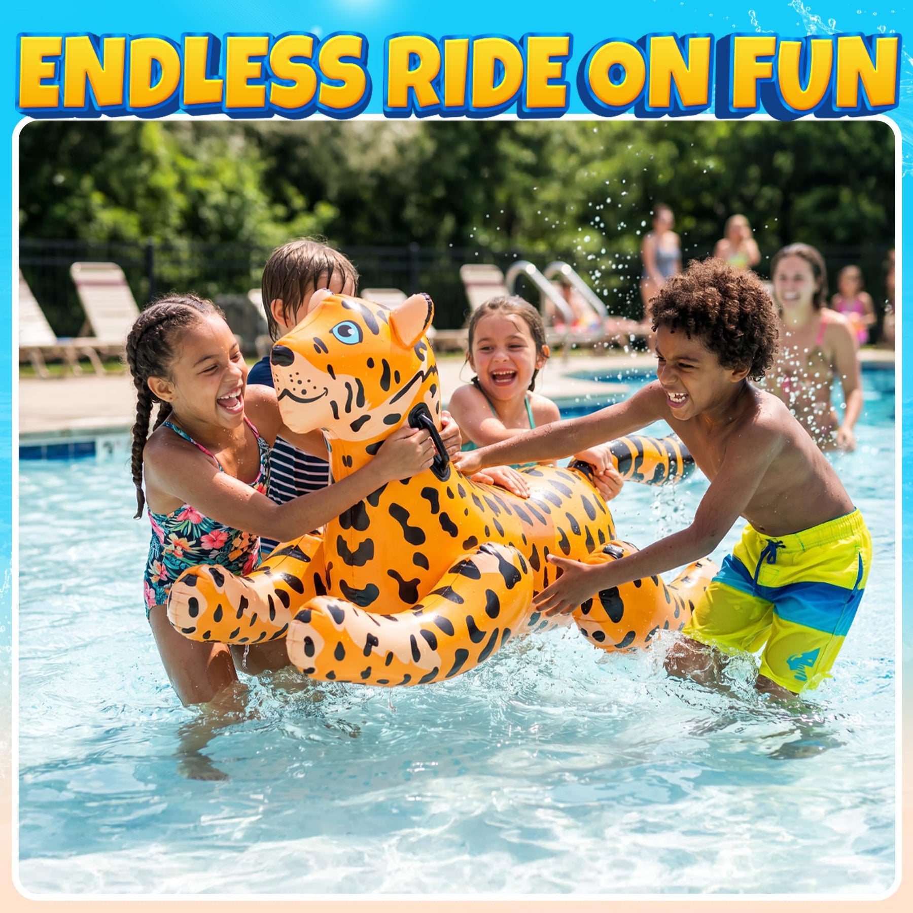 Inflatable Leopard Pool Float Ride-On with Handles - Kids Animal Blow-Up Pool Float Toy for Swimming Pool or Beach, Large Size Summer Water Floatie and Fun Raft Party Decoration