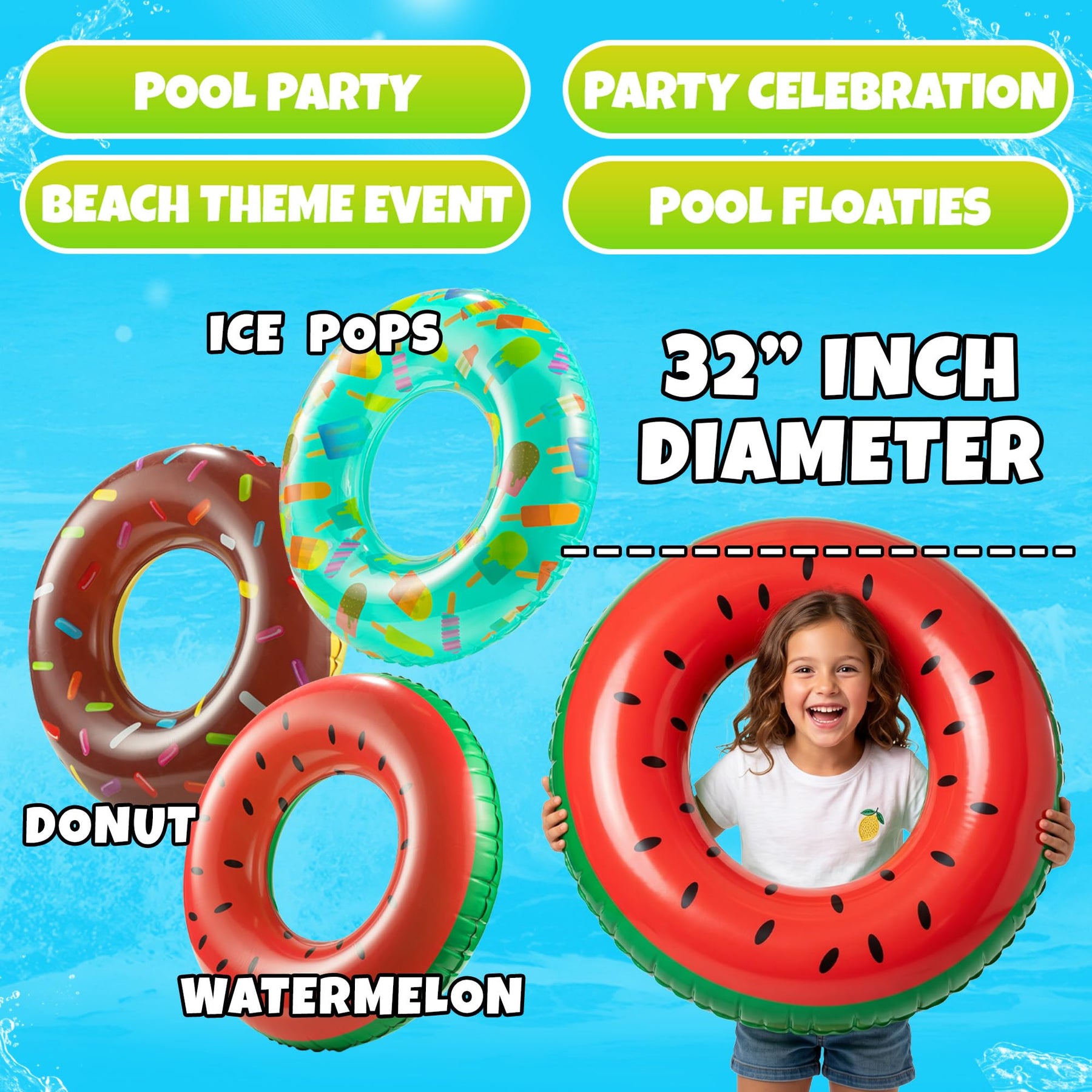 Pool Floats Kids (3 Pack) - Inflatable Pool Floaties, Inner Swim Tube Rings - Fun Designs, Swimming Raft Toys, Summer Birthday Party Decorations