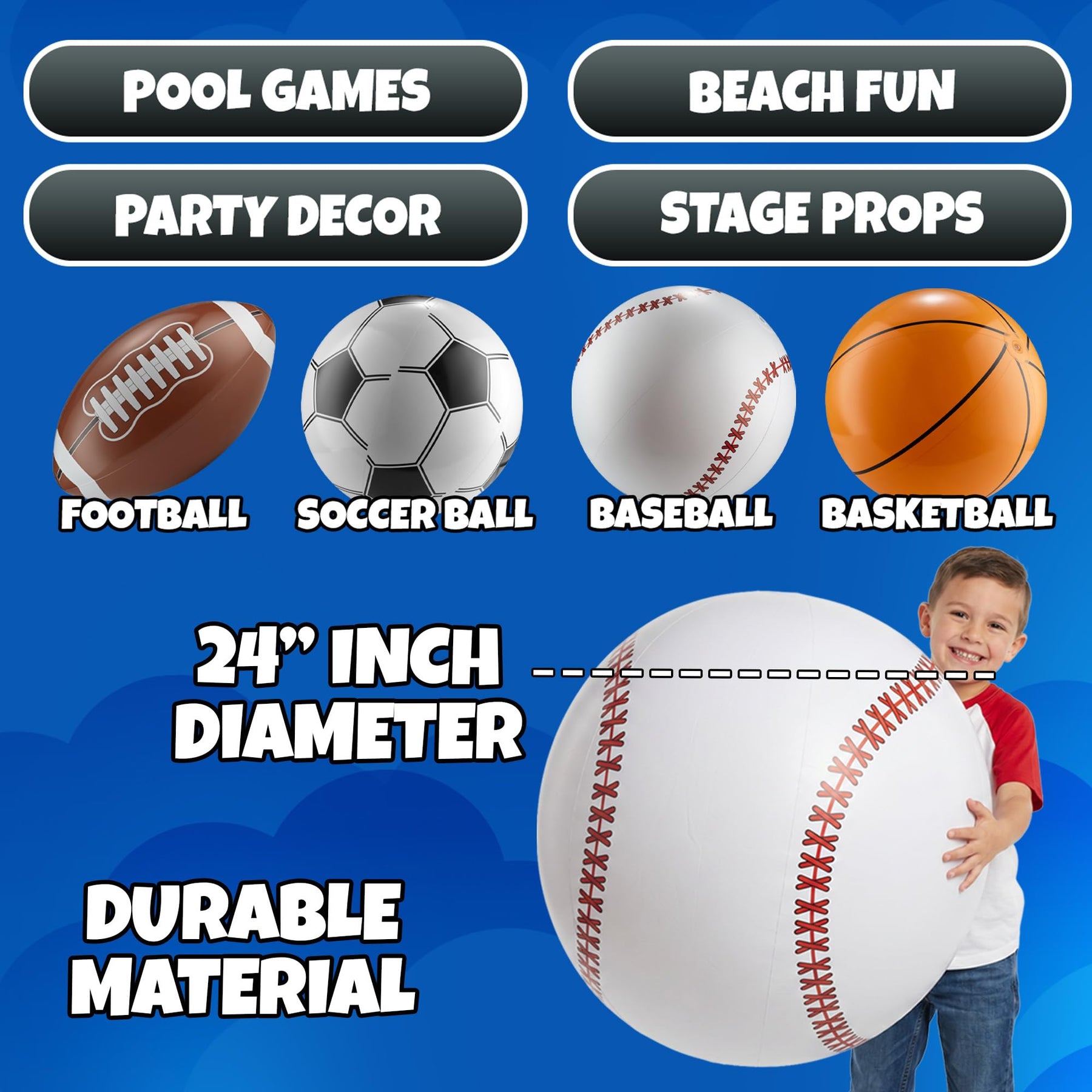 24-Inch Giant Beach Balls - (4-Pack) Extra Large Inflatable Sports Pool Ball Variety - Basketball Football Soccer Baseball - Oversized Beach Balls for Kids Summer Parties & Sports Theme Decorations