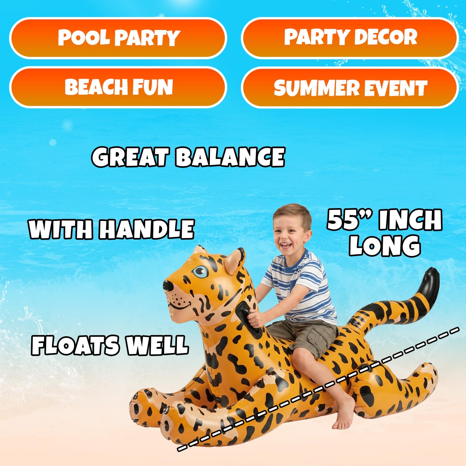Inflatable Leopard Pool Float Ride-On with Handles - Kids Animal Blow-Up Pool Float Toy for Swimming Pool or Beach, Large Size Summer Water Floatie and Fun Raft Party Decoration
