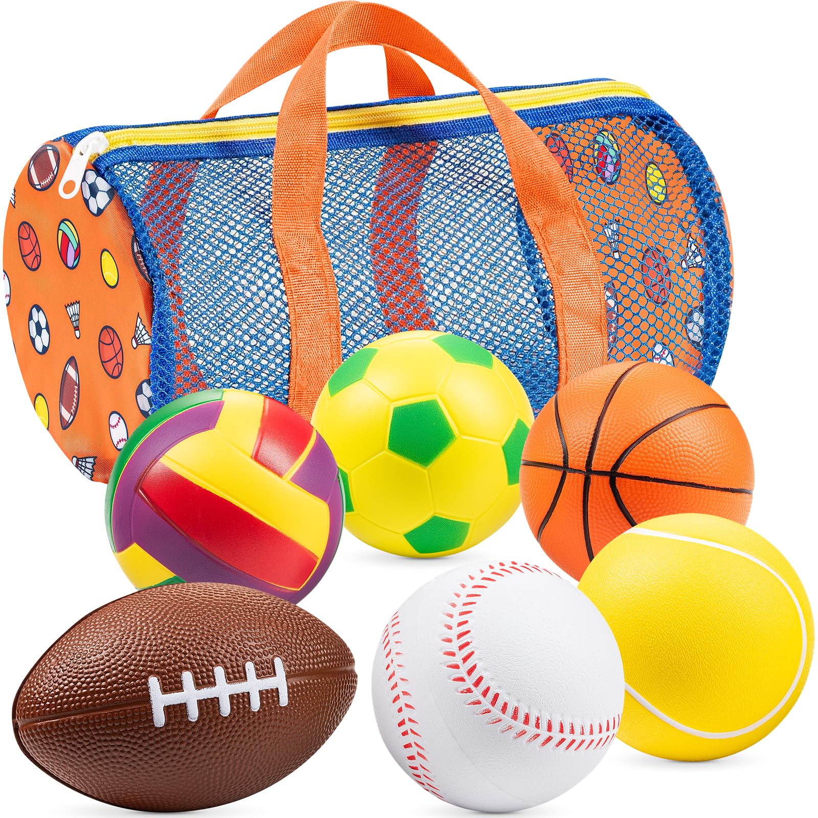 Foam Sports Balls For Toddlers 1-3, 6 Piece Soft Sports Balls with Soccer, Basketball, Football, Baseball, Tennis & Volleyball - Indoor & Outdoor Toddler Boys & Girls Ball Toys with Mesh Storage Bag