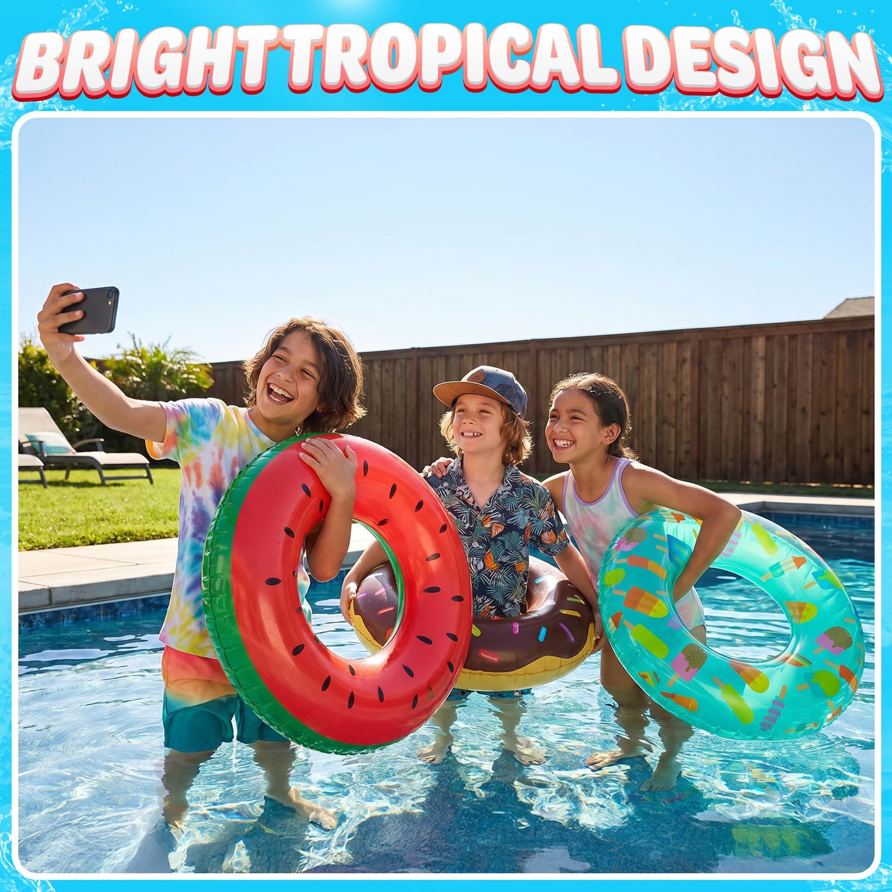 Pool Floats Kids (3 Pack) - Inflatable Pool Floaties, Inner Swim Tube Rings - Fun Designs, Swimming Raft Toys, Summer Birthday Party Decorations