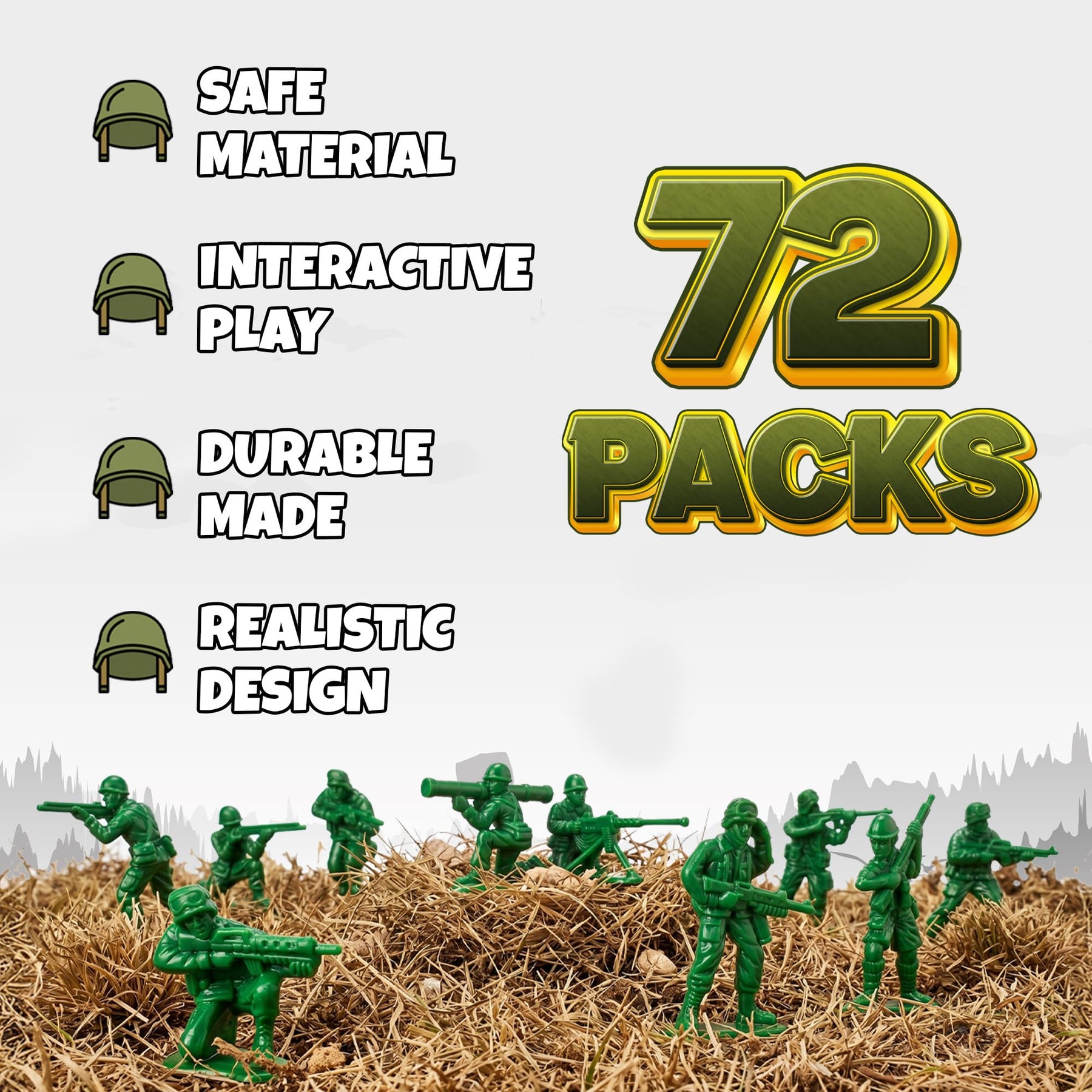 KiddieLoot Green Army Men Toy Soldiers (72 Pack) - Classic Military Action Figures for Kids - Plastic Army Toys Set for Battle Play, Party Favors, Cake Toppers & Goodie Bags
