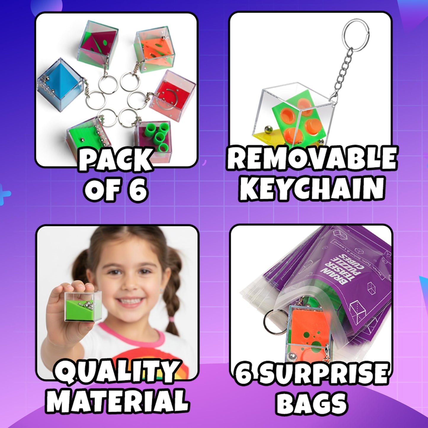 KiddieLoot Brain Teaser Puzzle Cubes on Keychain (6 Pack) - Mini Maze Toys for Kids, Unique Party Favors, Goodie Bag Fillers, Treasure Box Classroom Rewards, Bulk Small Toys for Boys & Girls