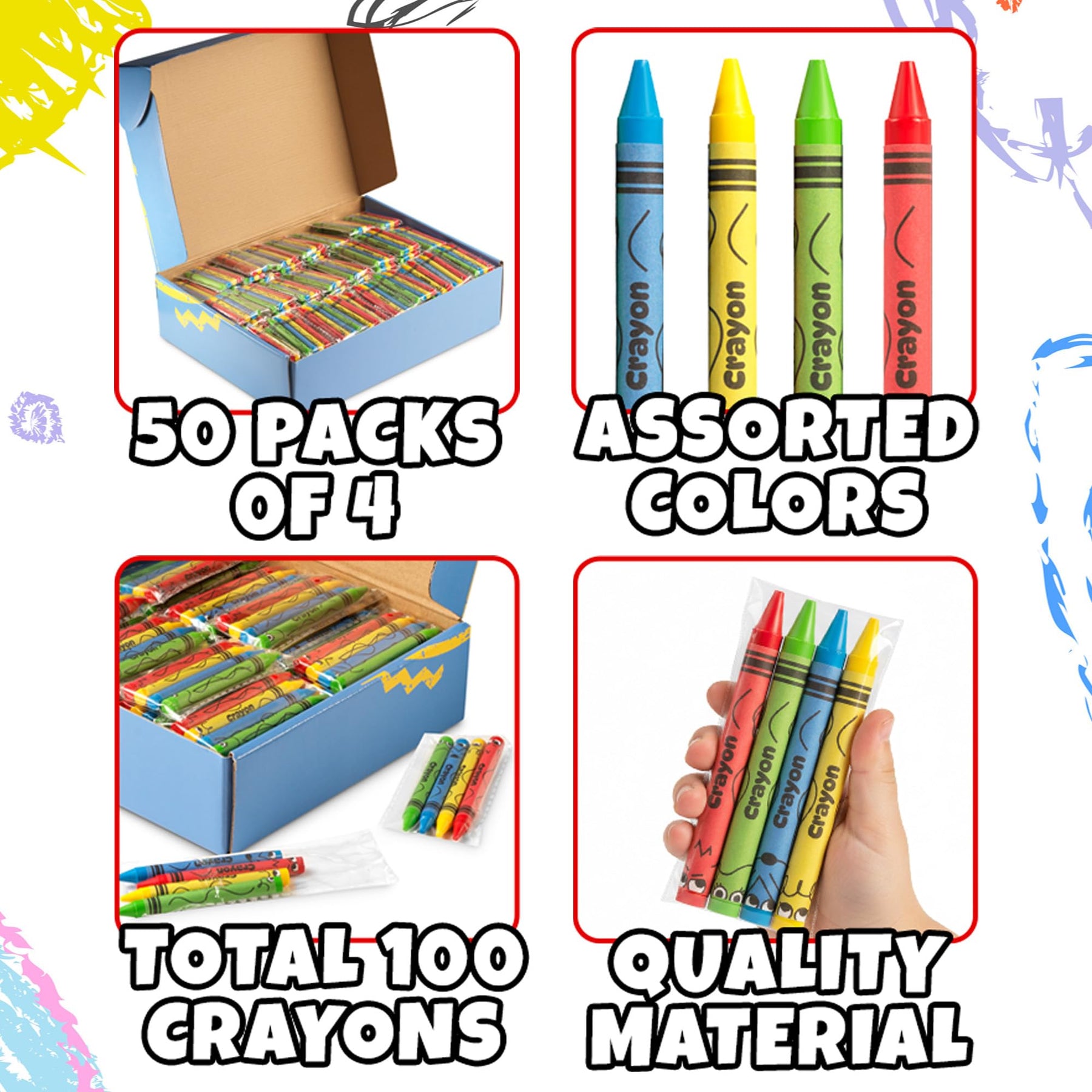 Bulk Crayons 200 Pack (50 Sets of 4) - Individually Wrapped Crayons Party Favors for Kids, Restaurants, Classrooms, Birthday Goodie Bags, School Supplies, Travel, Toddler Coloring Fun, Non-Toxic Wax