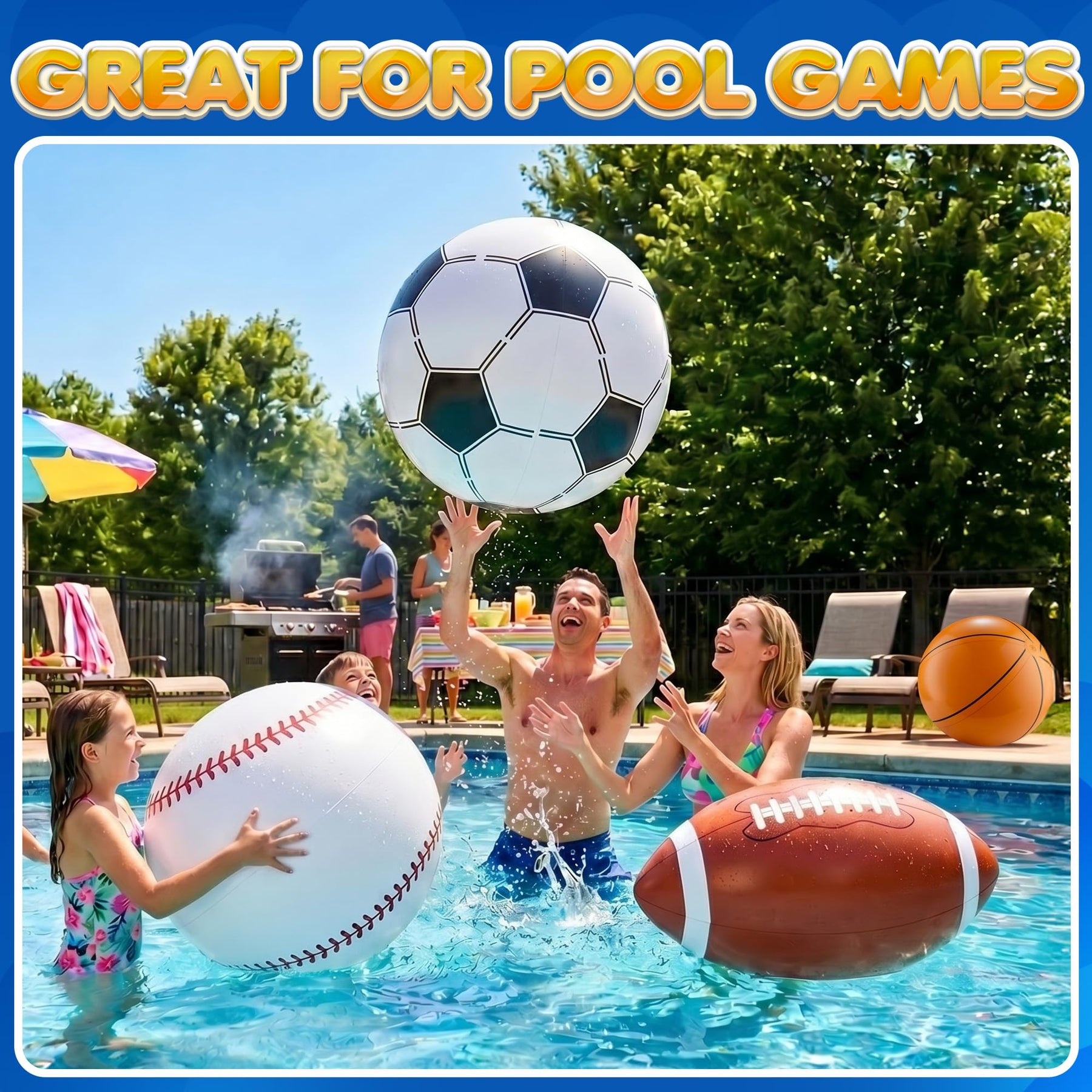 24-Inch Giant Beach Balls - (4-Pack) Extra Large Inflatable Sports Pool Ball Variety - Basketball Football Soccer Baseball - Oversized Beach Balls for Kids Summer Parties & Sports Theme Decorations