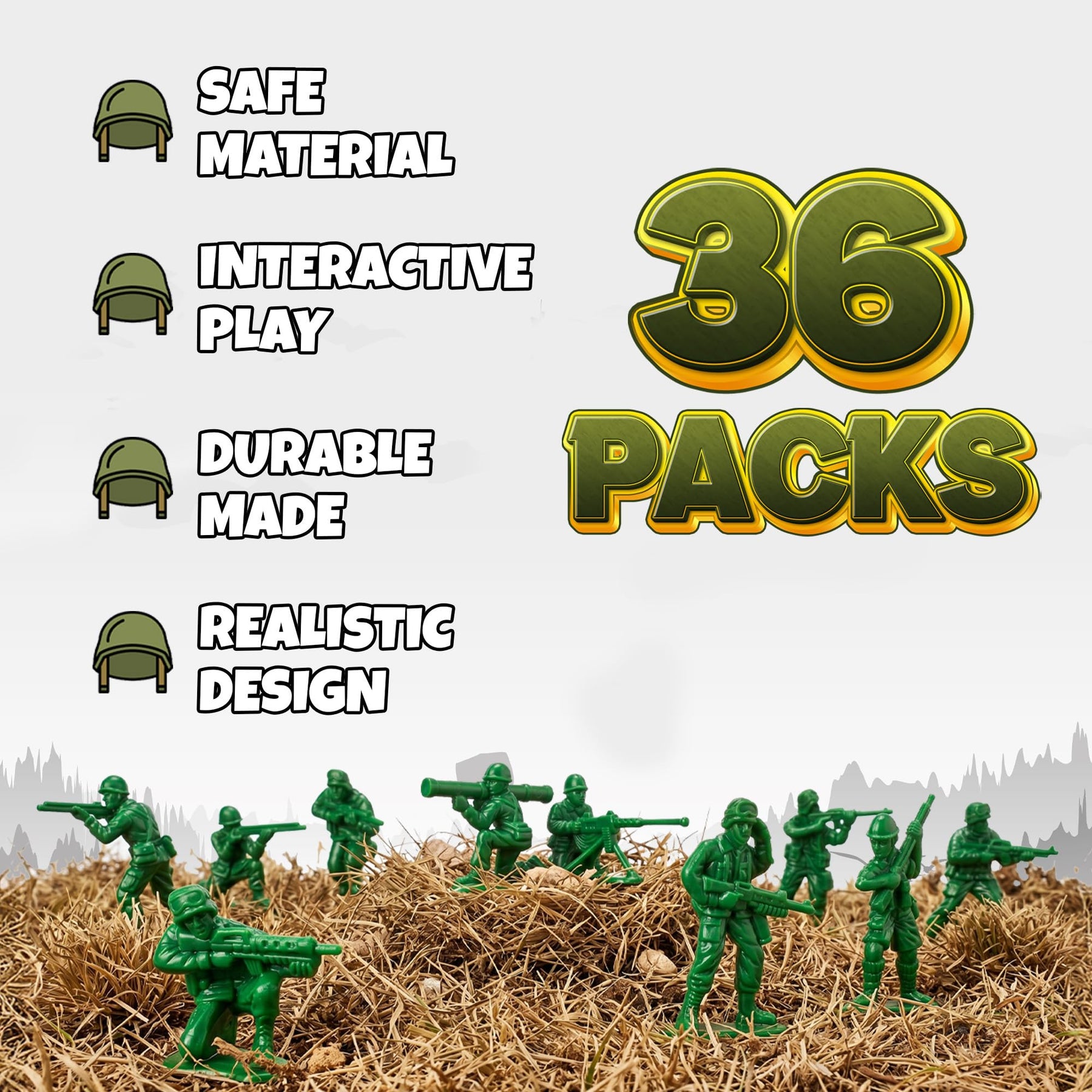 KiddieLoot Green Army Men Toy Soldiers (36 Pack) - Classic Military Action Figures for Kids - Plastic Army Toys Set for Battle Play, Party Favors, Cake Toppers & Goodie Bags