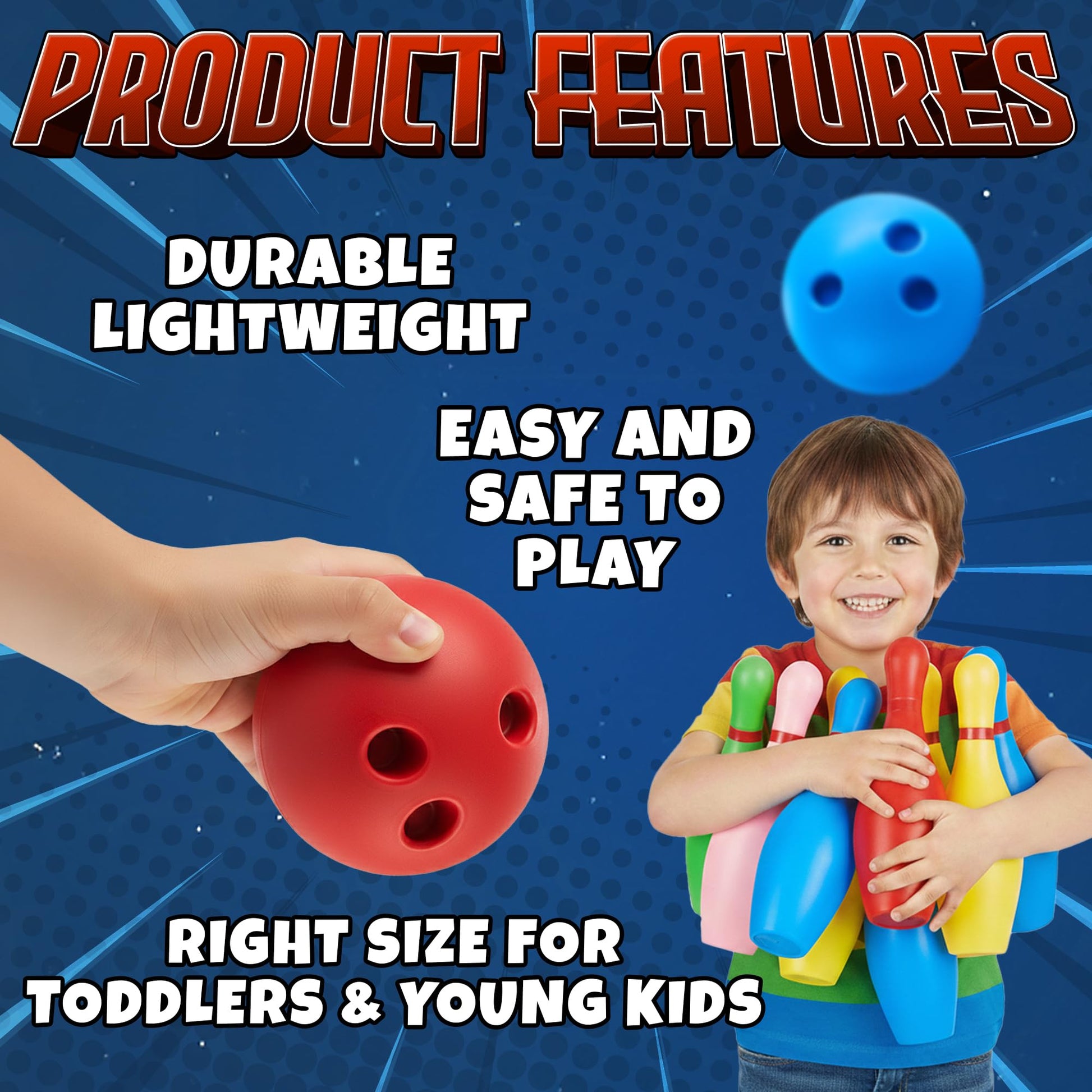 Kids Bowling Set - 10 Colorful Plastic Pins & 2 Lightweight Bowling Balls - Family Fun Indoor & Outdoor Toddler Bowling Set Game for Boys & Girls, Educational & Active Play Toy, Birthday Gift Ages 3+