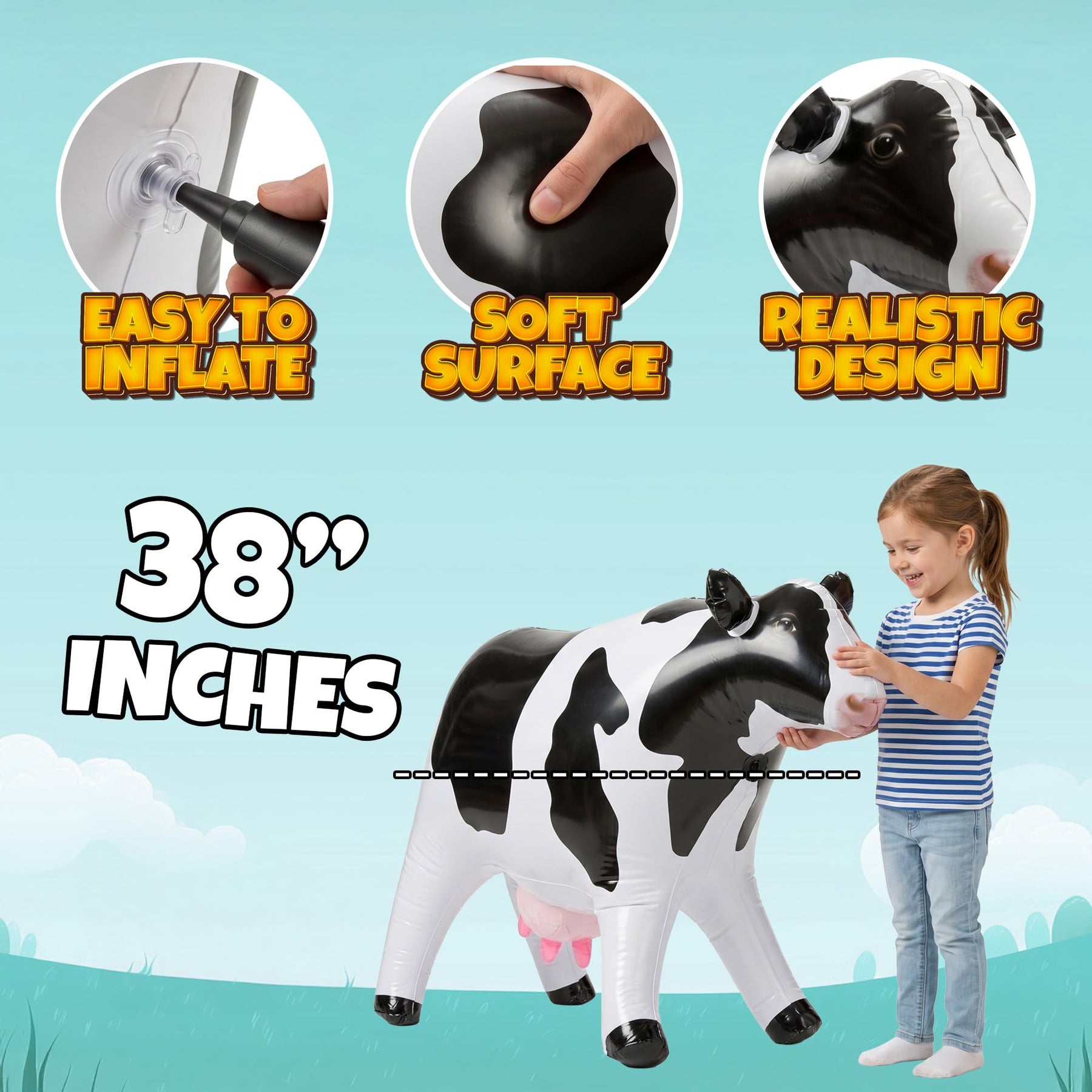 38" Inflatable Cow Blow-Up Float - Cute Farm Animal Party Decoration for Barnyard Birthdays, Western Theme, Pool Toy, Photo Prop, UFO Party Fun for Kids