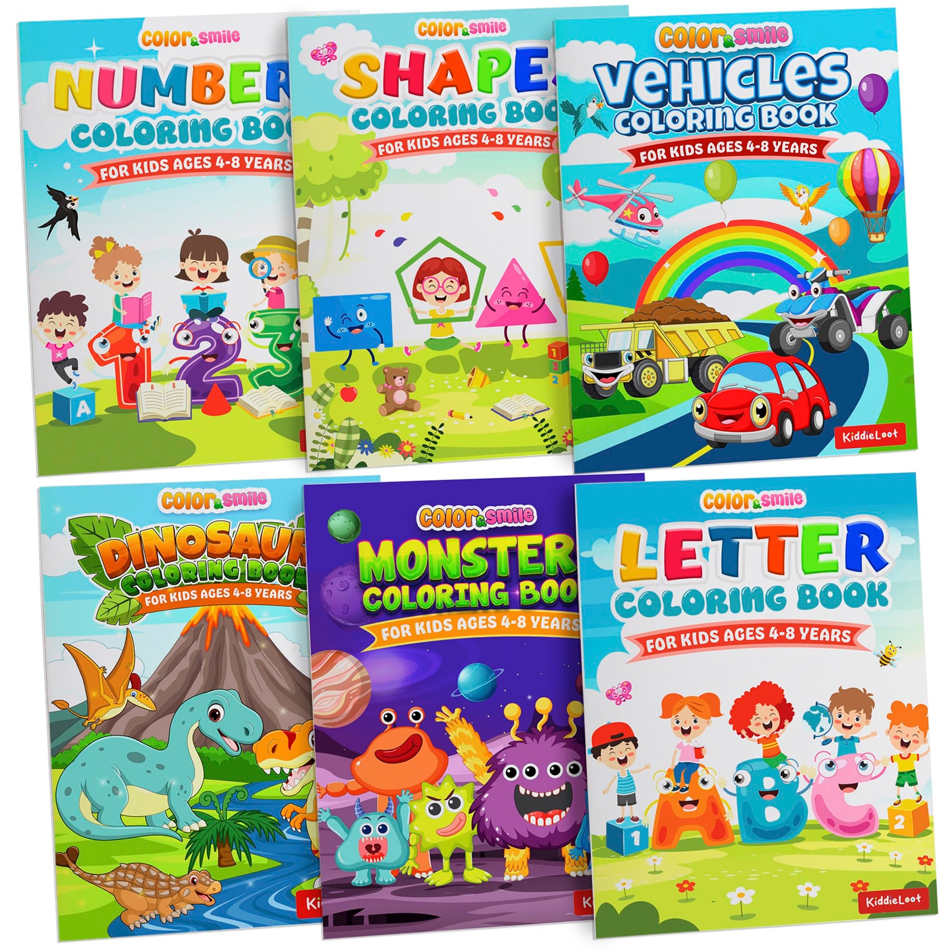KiddieLoot Coloring Books for Kids Ages 4-8 - (Pack of 6) 8.5x11 Size Book w/Dinosaurs, Monsters, Vehicles, Alphabet, Numbers & Shapes - Kids Coloring Books Variety Set for Boys & Girls Color Gift