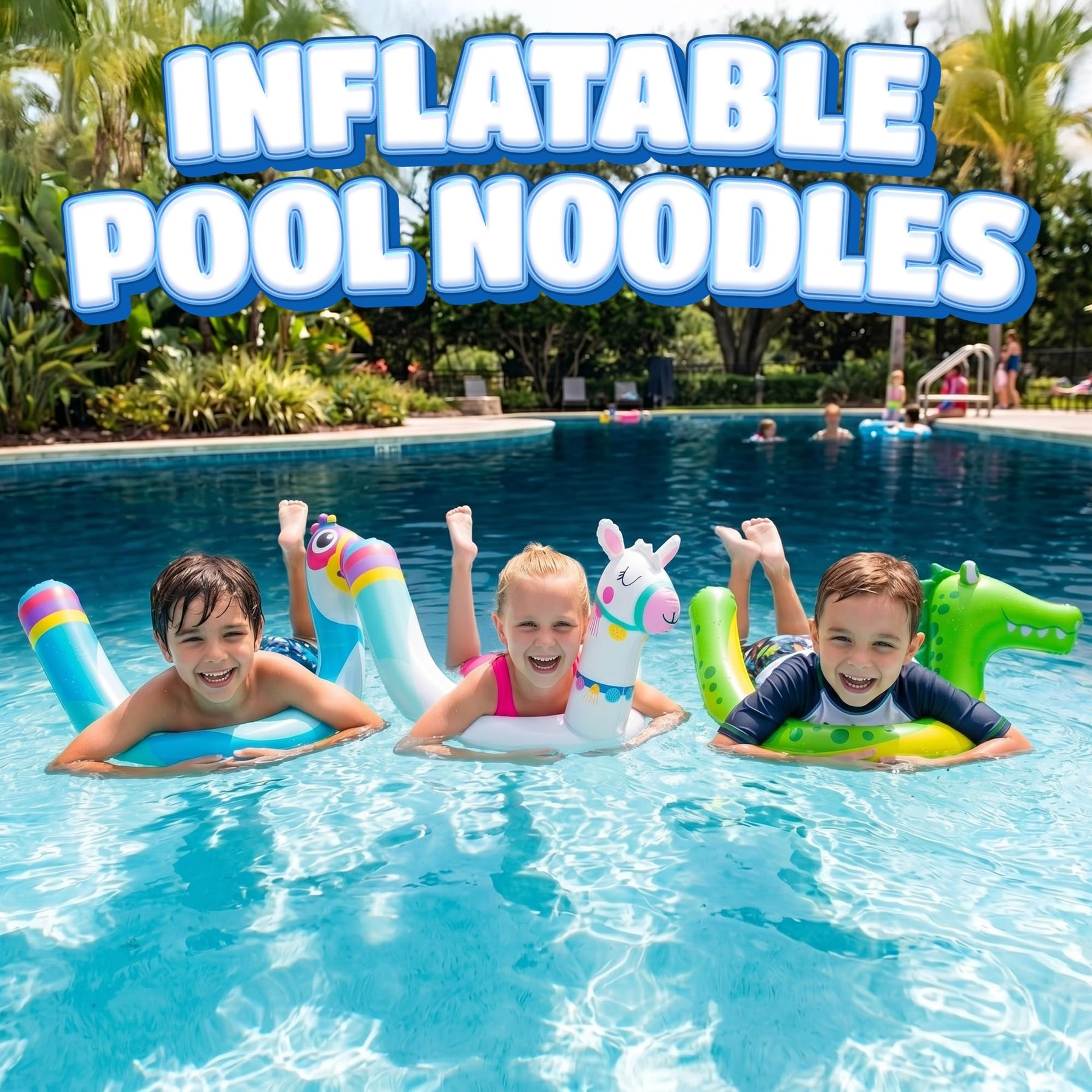 Inflatable Pool Noodles (3 Pack, 45 Inch) - Portable Blow Up Pool Floats for Kids - Cute Flamingo, Dinosaur, & Unicorn Designs - Travel Friendly Swimming Pool Noodle Toys for Lakes, Beach or Vacation