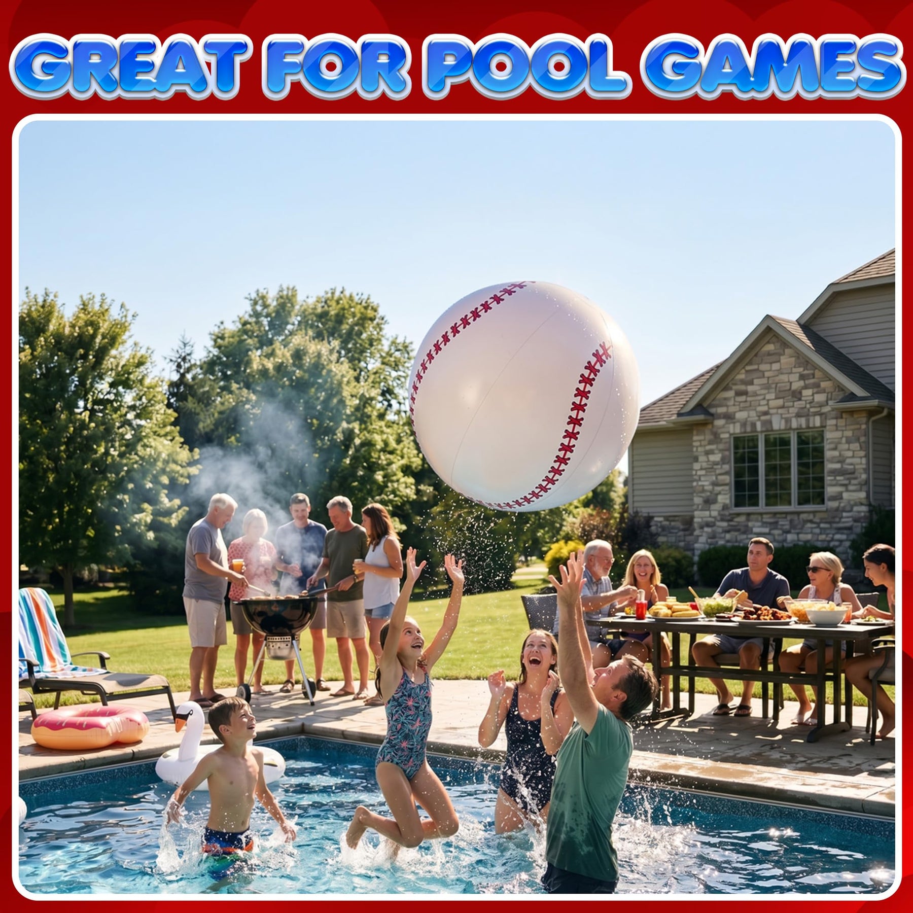 KiddieLoot 24-Inch Giant Beach Balls - (3-Pack) Inflatable Baseball Beach Balls - Extra Large Blow Up Pool Balls for Kids, Summer Pool Toys, Baseball Party Decorations & Sports Theme Decorations