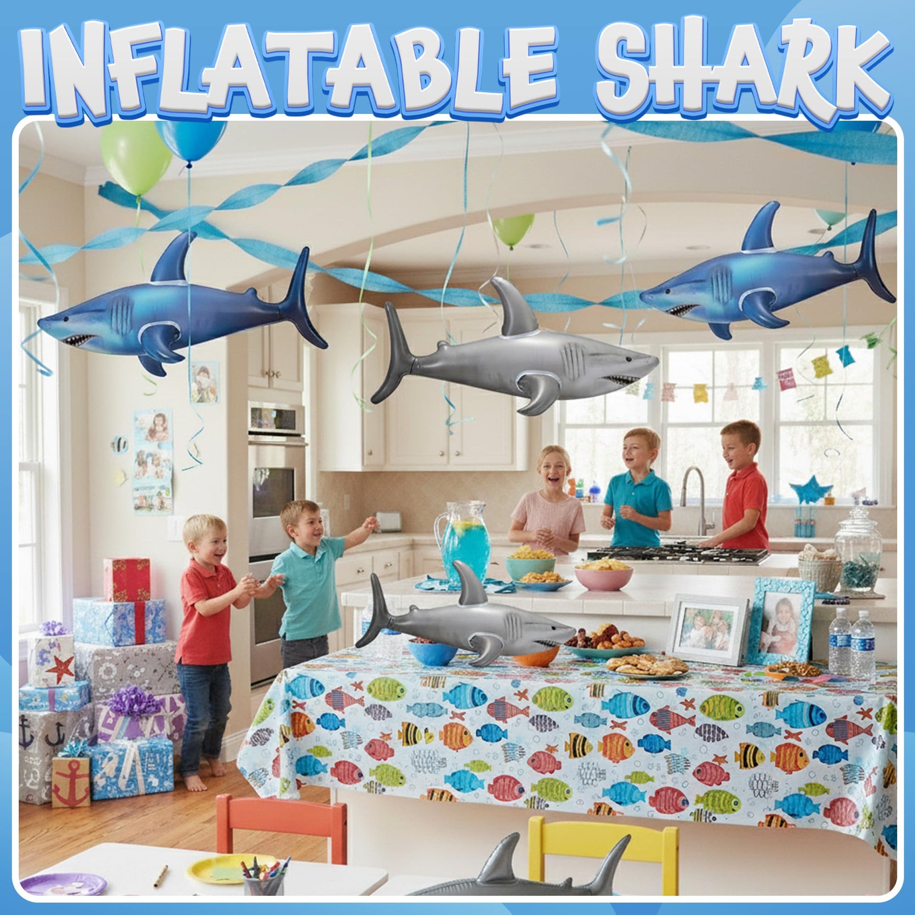Inflatable Shark Birthday Party Decorations & Pool Toys - 4 Pack (2 Grey, 2 Blue) Large 23-Inch Blow-Up Shark Float Party Supplies for Kids or Adults Birthday, Beach, Summer Games & Party Favor Gifts