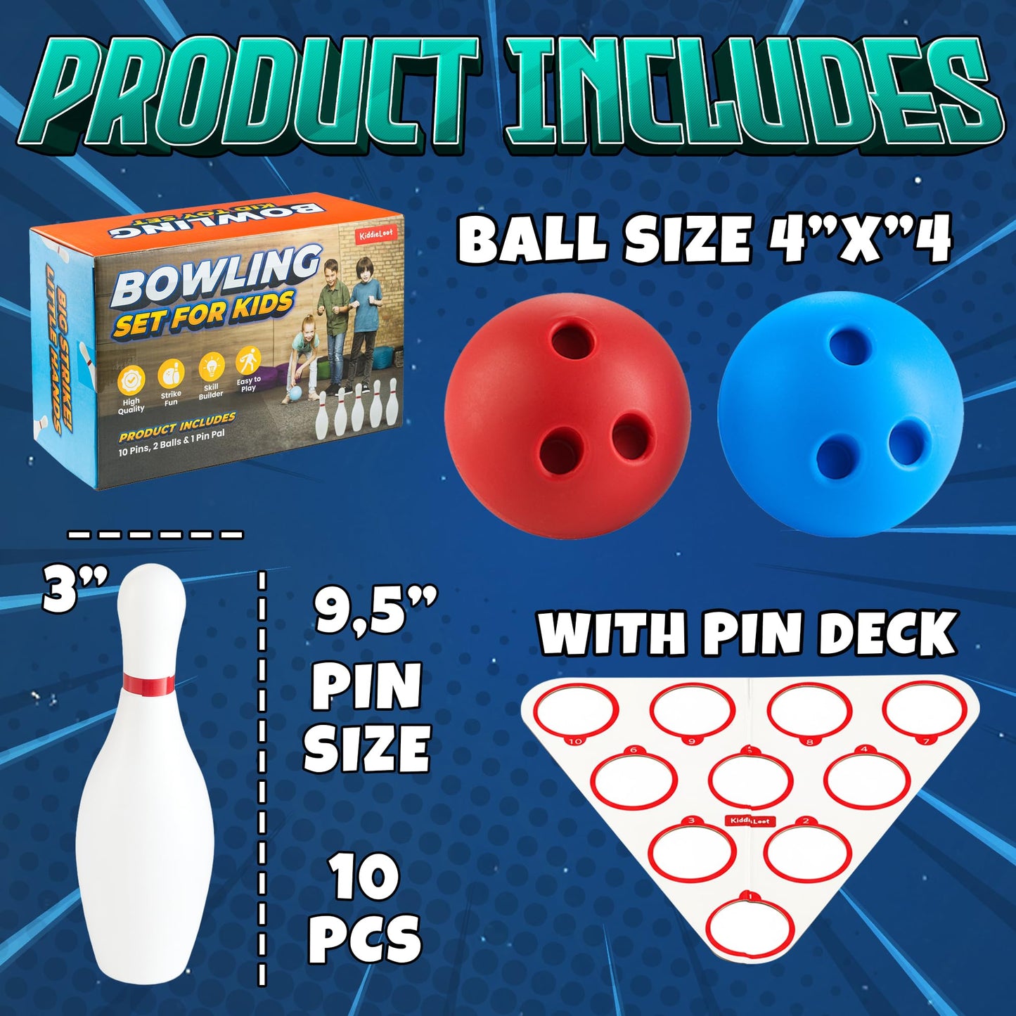 Kids Bowling Set - 10 White Plastic Pins & 2 Lightweight Bowling Balls - Family Fun Indoor & Outdoor Toddler Bowling Set Game for Boys & Girls, Educational & Active Play Toy, Birthday Gift Ages 3+