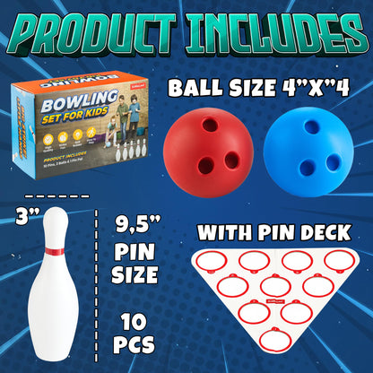 Kids Bowling Set - 10 White Plastic Pins & 2 Lightweight Bowling Balls - Family Fun Indoor & Outdoor Toddler Bowling Set Game for Boys & Girls, Educational & Active Play Toy, Birthday Gift Ages 3+