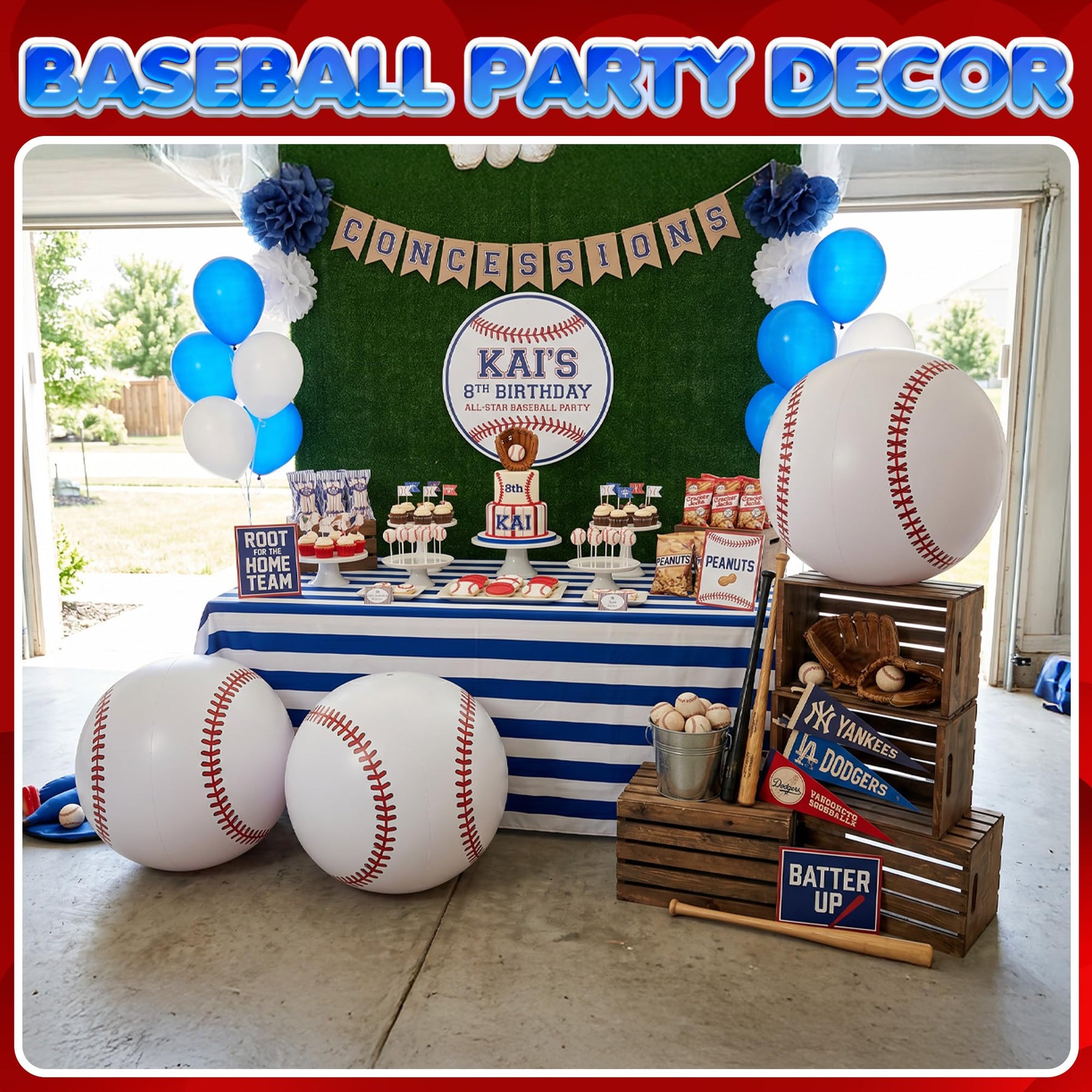 KiddieLoot 24-Inch Giant Beach Balls - (3-Pack) Inflatable Baseball Beach Balls - Extra Large Blow Up Pool Balls for Kids, Summer Pool Toys, Baseball Party Decorations & Sports Theme Decorations
