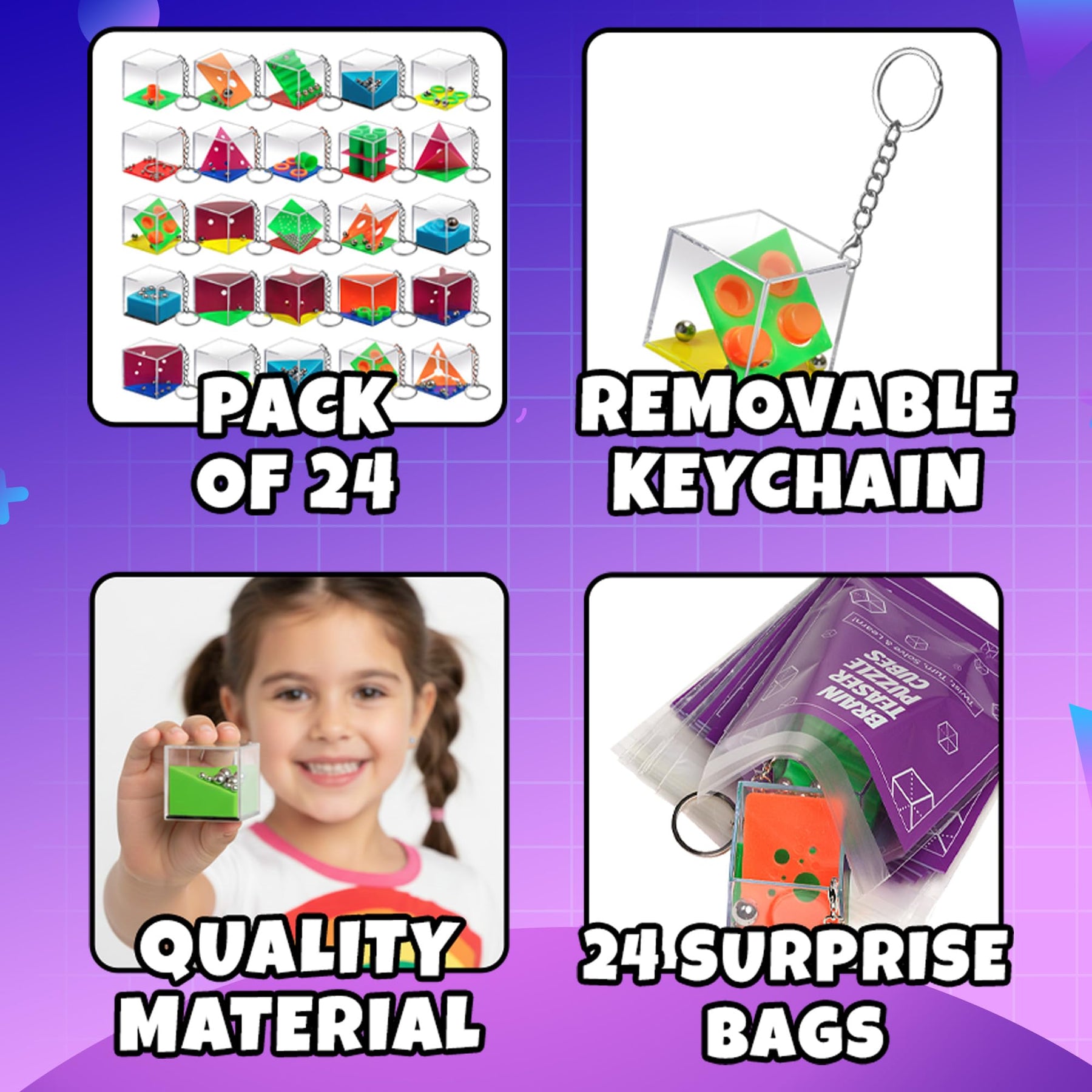 KiddieLoot Brain Teaser Puzzle Cubes on Keychain (24 Pack) - Mini Maze Toys for Kids, Unique Party Favors, Goodie Bag Fillers, Treasure Box Classroom Rewards, Bulk Small Toys for Boys & Girls