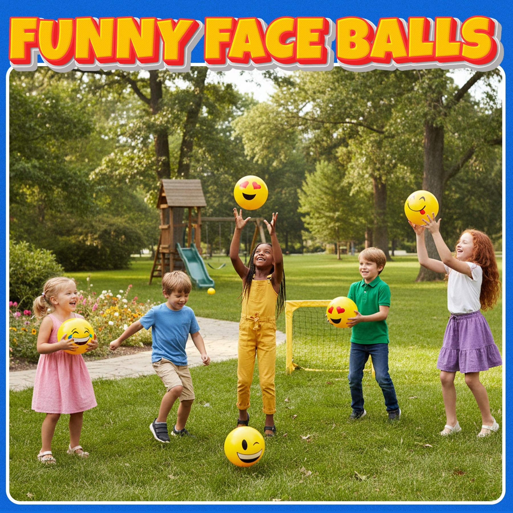 KiddieLoot 8.5-Inch Happy Face Bouncing Balls for Kids & Toddlers (Pack of 5) - Playground Balls w/ 5 Fun Designs - Lightweight Play Bouncy Ball Gifts for Boys & Girls
